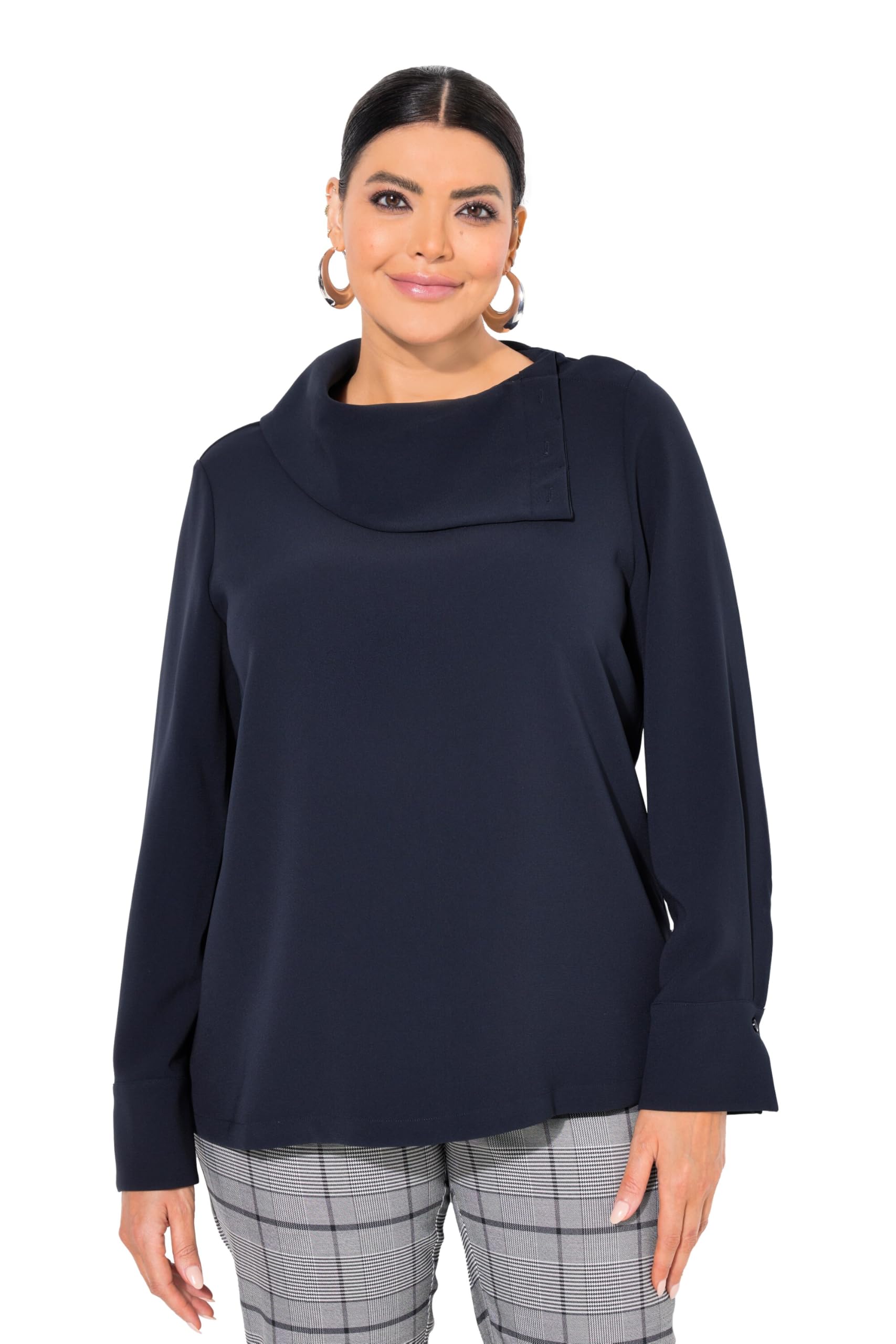 Ulla Popken Damen große Größen Übergrößen Plus Size Acetat-Bluse, asymmetrischer Hemdkragen, Langarm 833918