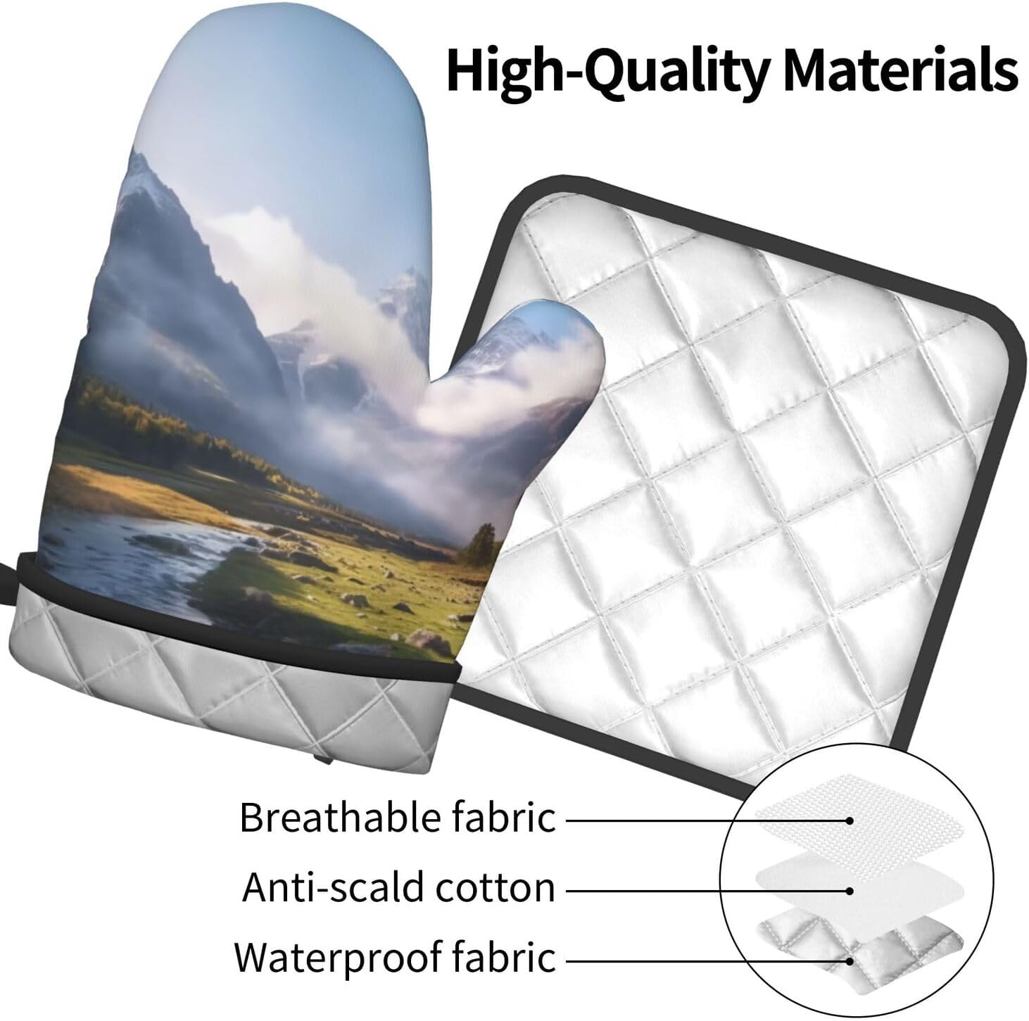 Travel Mountain Scenery:Full Width Printing Kitchen Baking Two-Piece Set, A Must-Have Tool Set for Novice Home Cake Makers, Suitable for Both Left and Right Hands, Anti Slip and High Temperature image 3