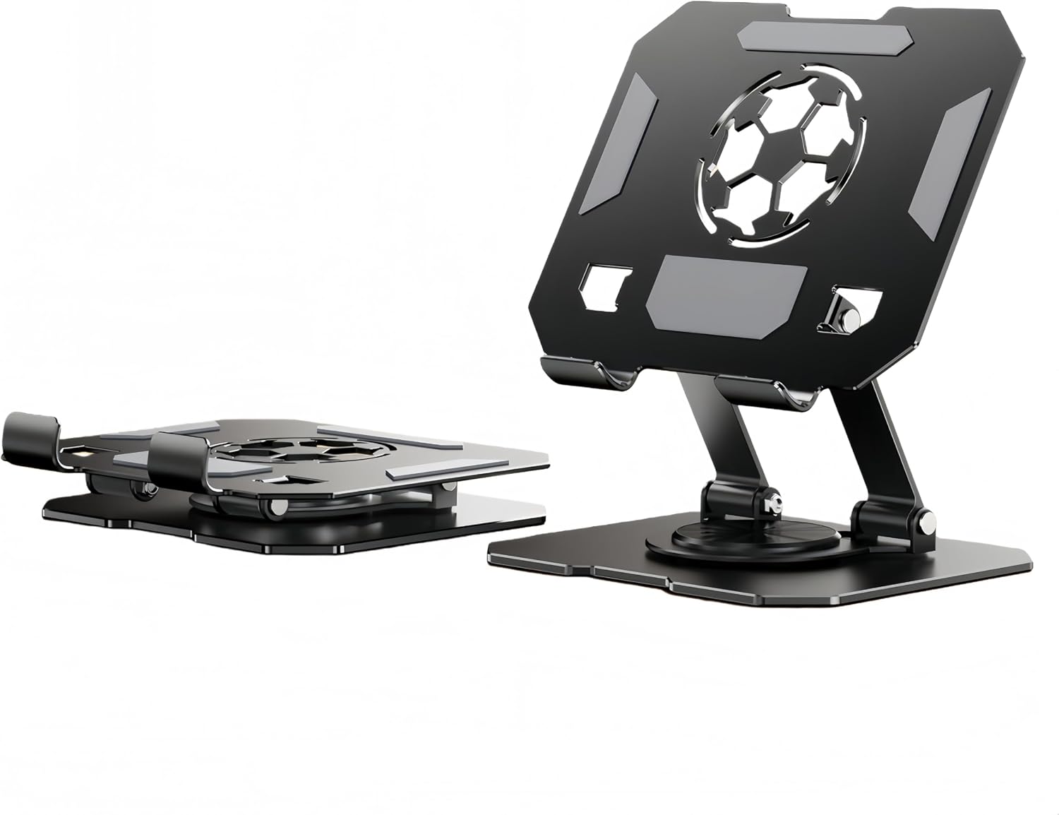 360° Rotatable Metal Tablet Stand(Backboard Soccer Cutout Design), Adjustable Folding Desktop Stand for iPad/iPhone/Switch, Universal Use for Office/Movie/Studying/Drawing/Gaming, Black