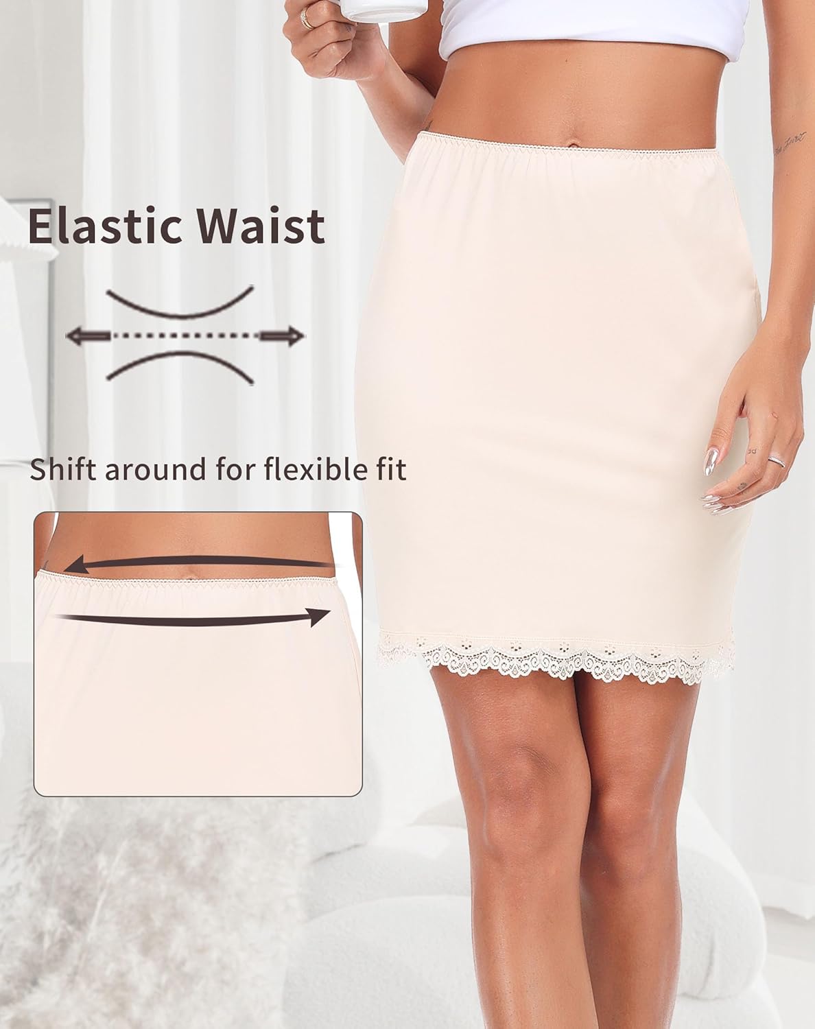 Vlazom Women's Satin Half Slip for Under Dresses Above Knee Underskirt with Lace Trim Size S-XXL - Image 2