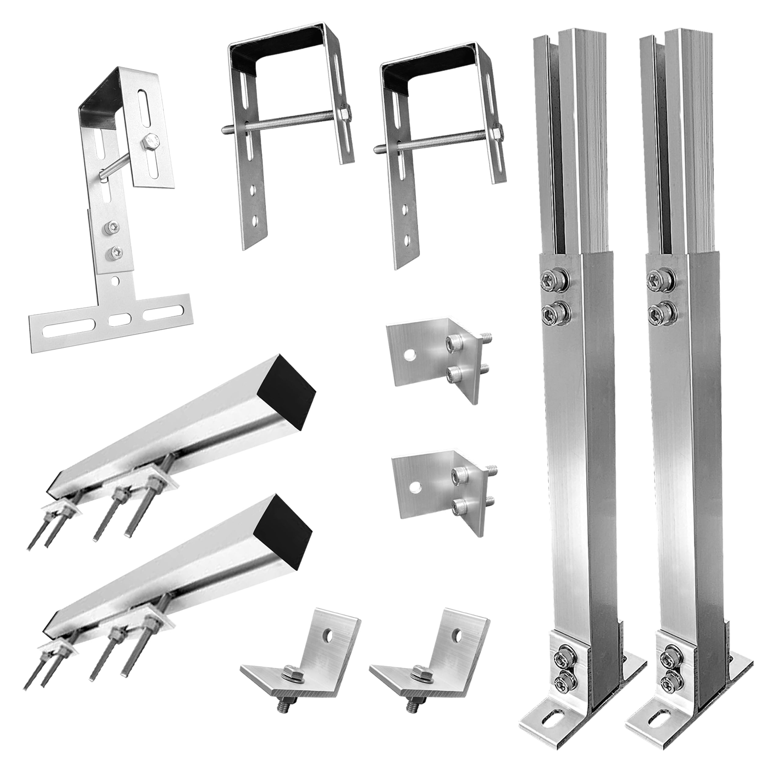 Balkonkraftwerk Halterung Geländer Befestigung für 1 Solarmodul und ein Wechselrichter Photovoltaik | ECKIG | Set | Neigungswinkel 0° & 25-45°| Durchmesser bis 80mm, Silber PV