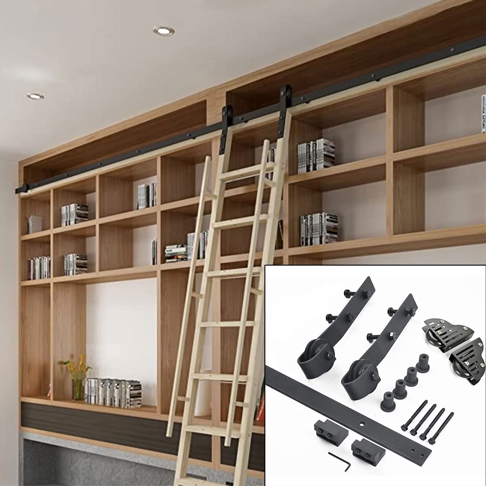 DFGHNBVC 5Ft-13Ft Rolling Library Ladder Hanging Track With Floor Roller Wheels Home Loft Office Rolling Ladder Sliding Track Hardware
