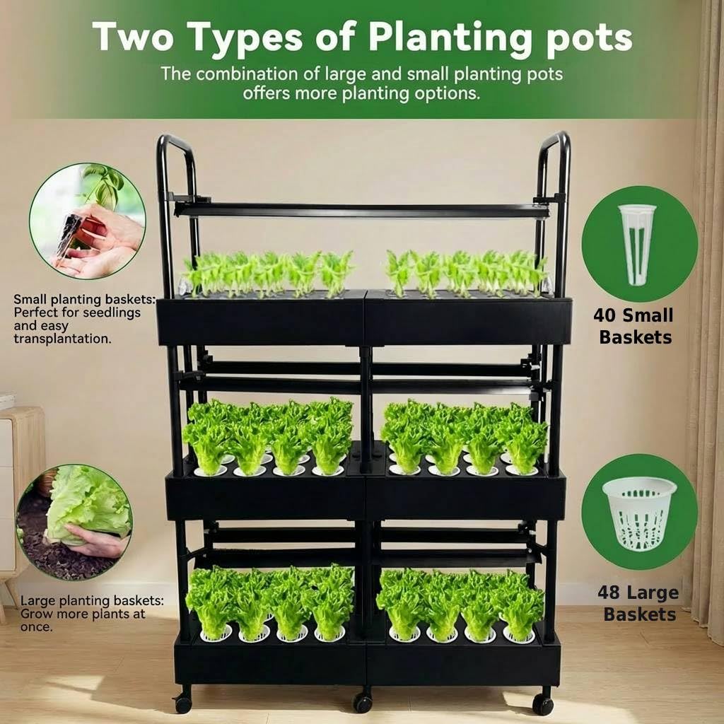 Kit de sistema hidropónico grande de 3 niveles para interiores con luces de crecimiento, medio de cultivo doble, bomba de agua doble, jardín interior, 88 cápsulas para verduras, hierbas