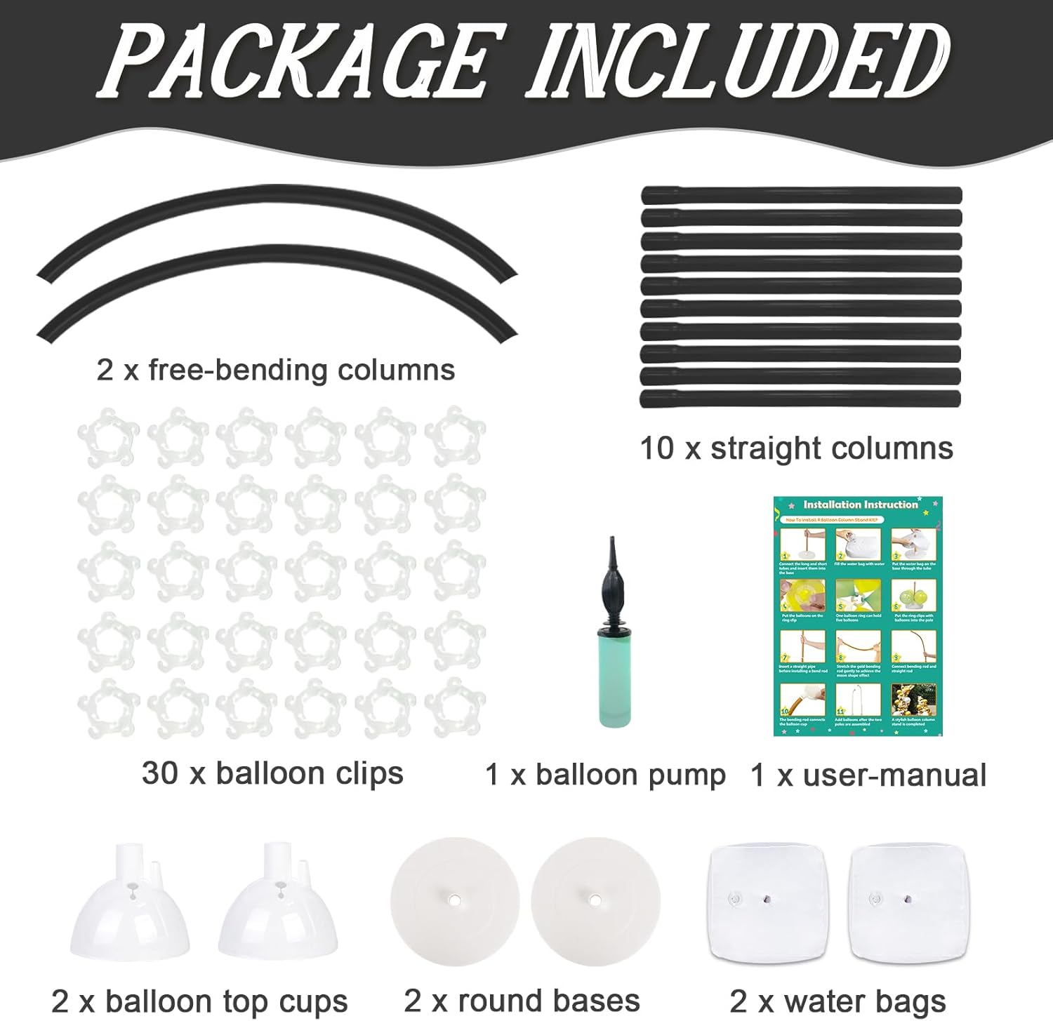 OurWarm 8.2FT & 6FT Balloon Arch Stand Kit, Black Half Arch Balloon Stand with Base for Floor, Free Bending Top Balloon Column Kit for Wedding Birthday Baby Shower Graduation Party Decorations