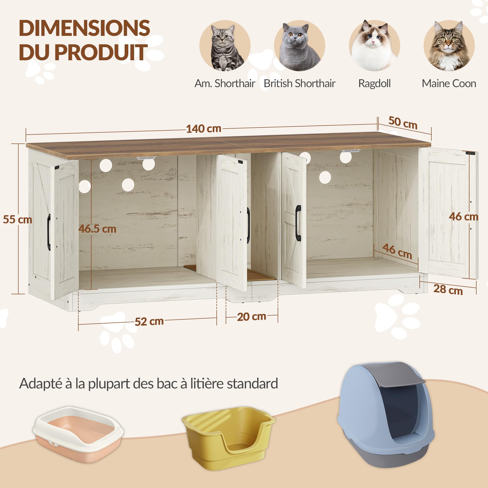 Meuble Litiere pour 2 Chats, 140 x 50 x 55 cm, Marron et Blanc | Meuble Cache Litiere Chat, Maison de Toilette Chats en Bois avec Tapis à Griffer, Maison pour Chat D'intérieur FPCB103PWR1