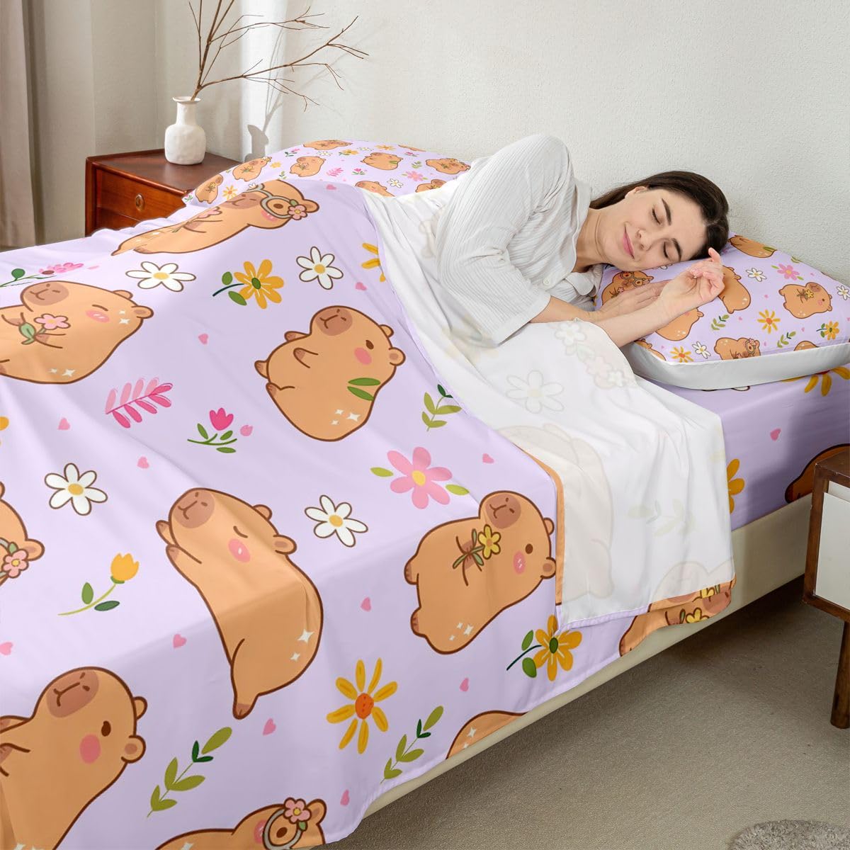 Homewish uroczy capybara zestaw pościeli podwójna kreskówka kapibara prześcieradła kolorowy kwiatowy zestaw prześcieradeł - kawaii gryzonie zwierzę dopasowane górne prześcieradła 4 sztuki fioletowy