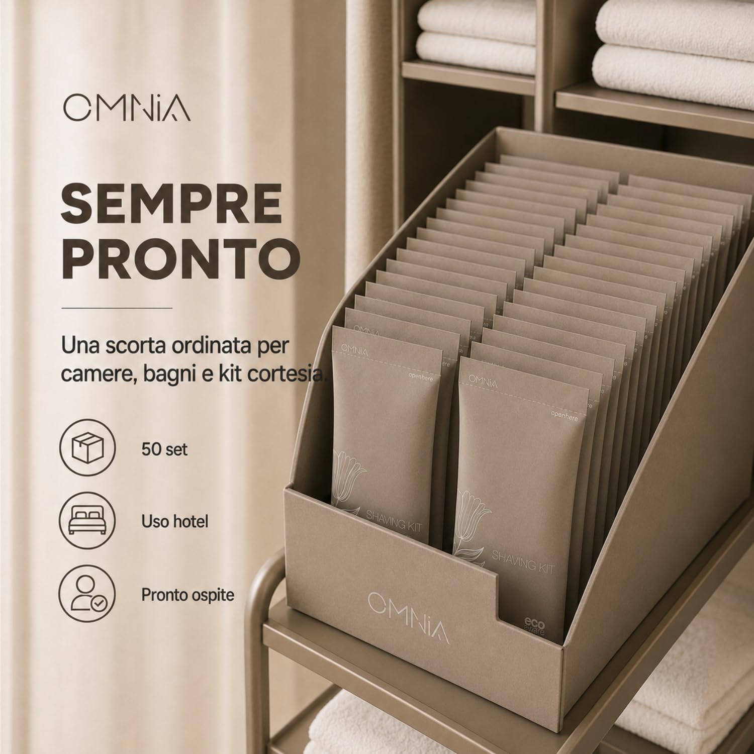 Kit barba uomo 50pz linea cortesia omnia per hotel e b&b, Set con rasoio e gel da barba 15 ml