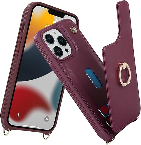 Miniatura 3 de Funda para iPhone 13 Pro MaxiPhone 12 Pro Max con tarjetero para mujer, correa cruzada, soporte para tarjeta de crédito, soporte de anillo, cierre a