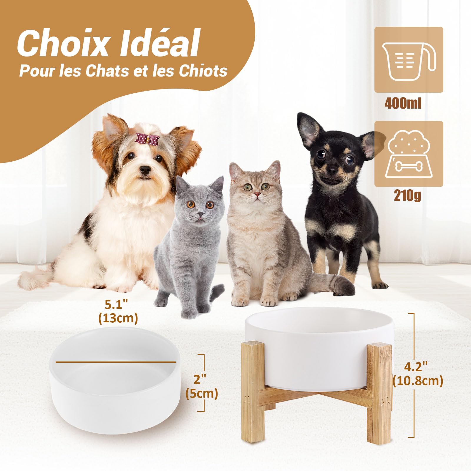 Gamelles surélevées en céramique Blanche pour Chat avec Support, gamelles surélevées pour Nourriture ou Eau pour Chats et Petits Chiens avec Coussinet en Caoutchouc antidérapant, Anti-Stress pour