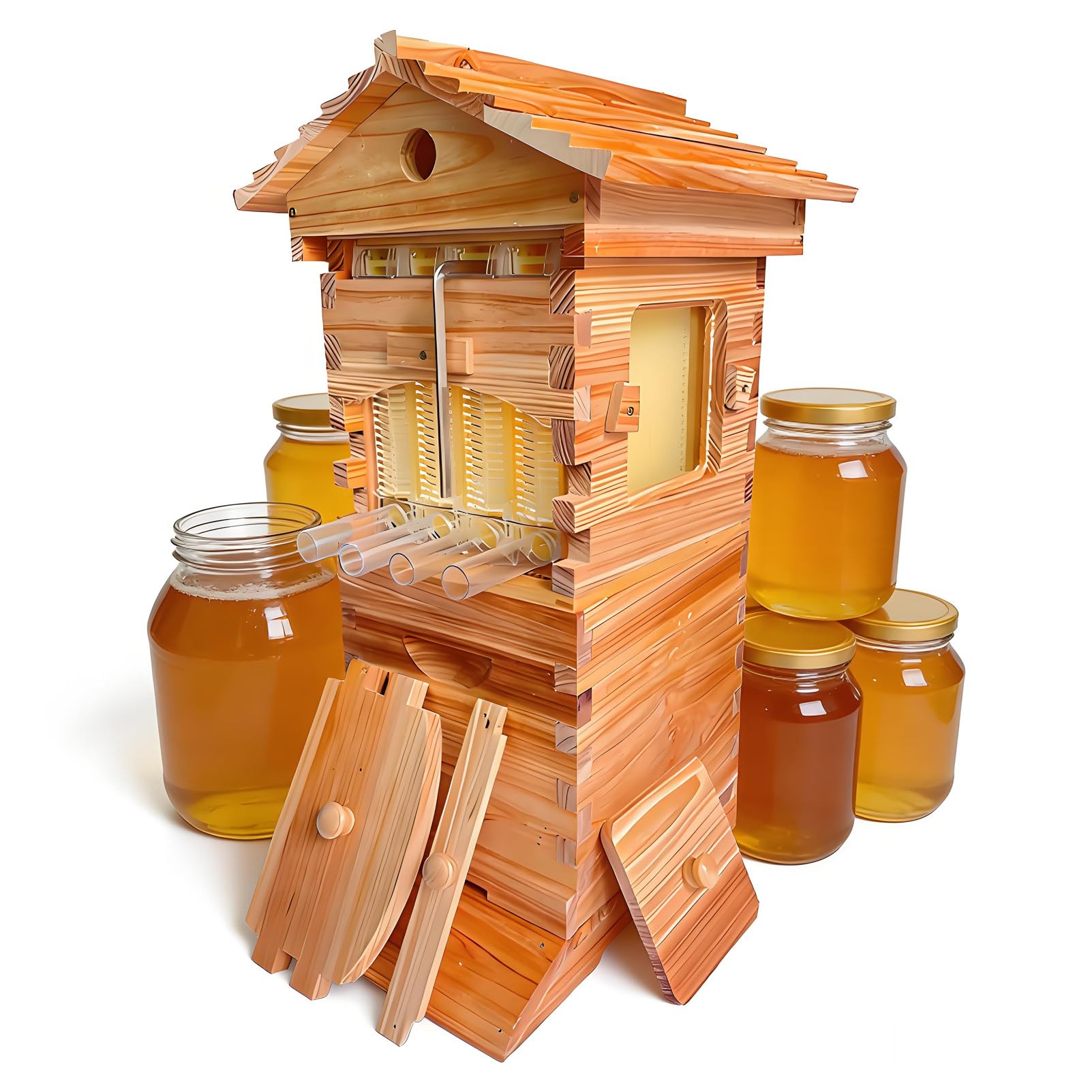DNEPEI Flow Hive Style Beekeeping Starter Kit, Wooden Beehive with 4 Automatic Honey Frames & 6 Brood Frames, Clear Observation Window & Easy-Release Honey Spout, Perfect for Backyard Honey Harvest