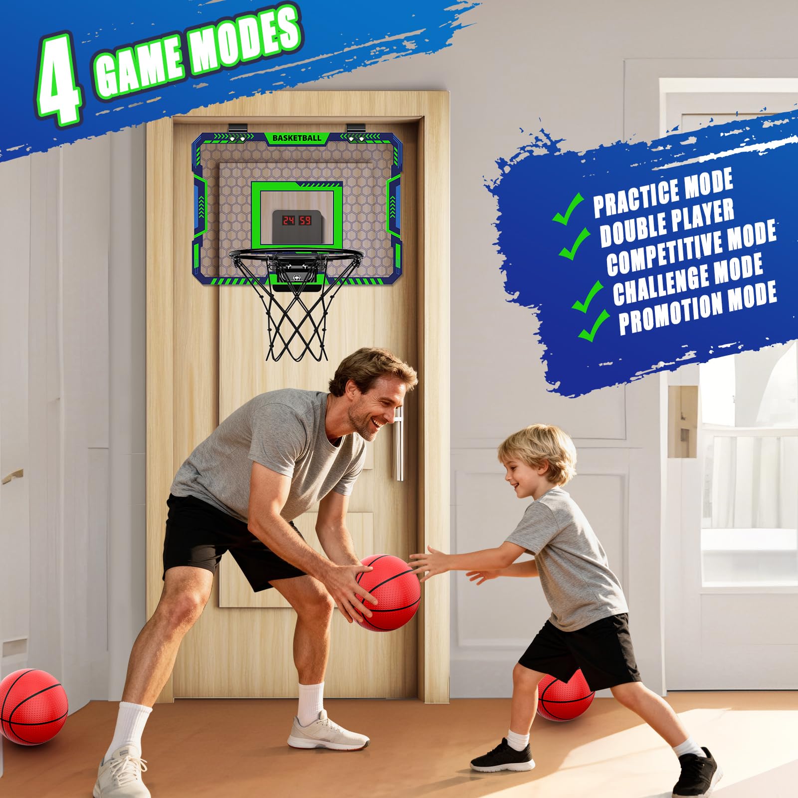 Indoor Basketball Hoop for Kids, Over The Door Mini Basketball Hoop with Scoring & Countdown, Remote Control, 3 Balls & Sound Effects, Birthday & Christmasl Toys Gifts for 4-12 Year Old Girls Boys
