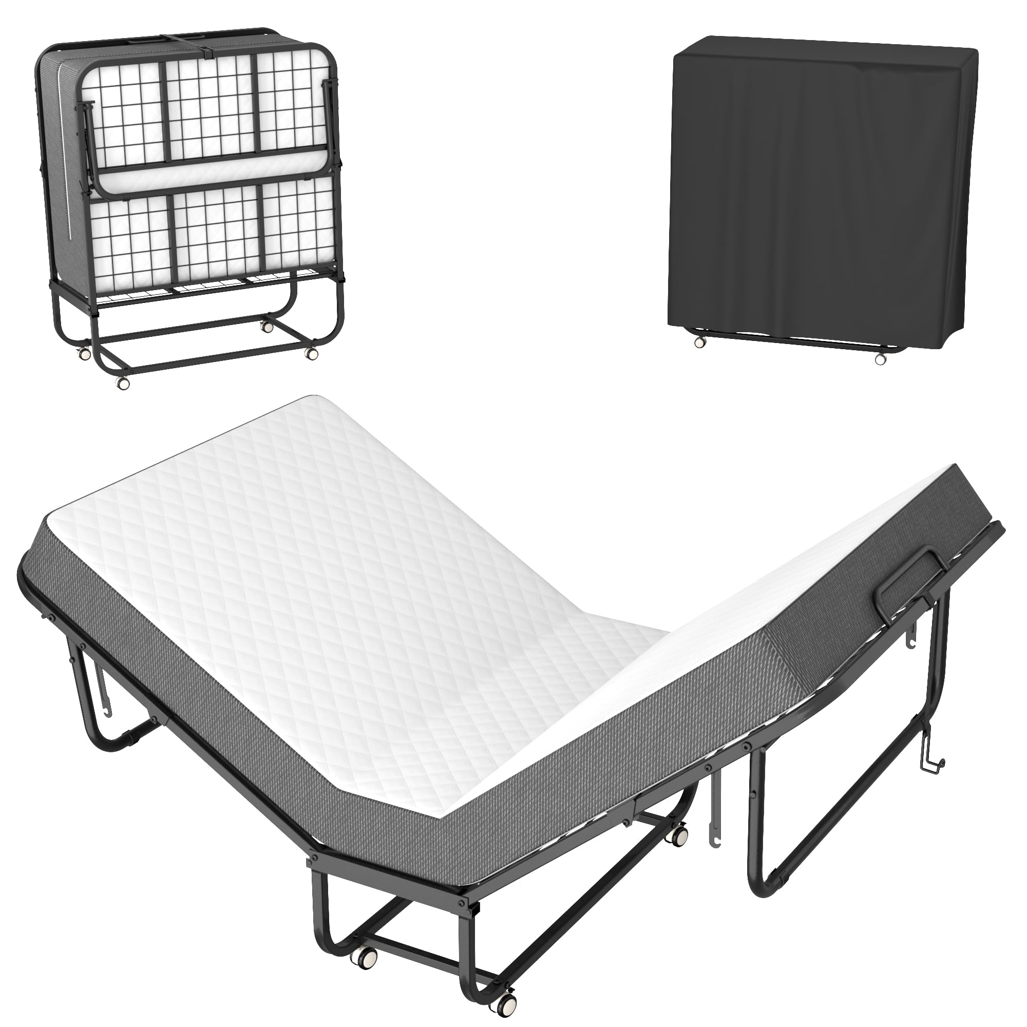 Pataku Folding Bed with Mattress, 75" x 31" Rollaway Guest Bed Heavy Duty Metal Frame Portable Cot with Smooth Wheels for Adults Office Spare Room 5''