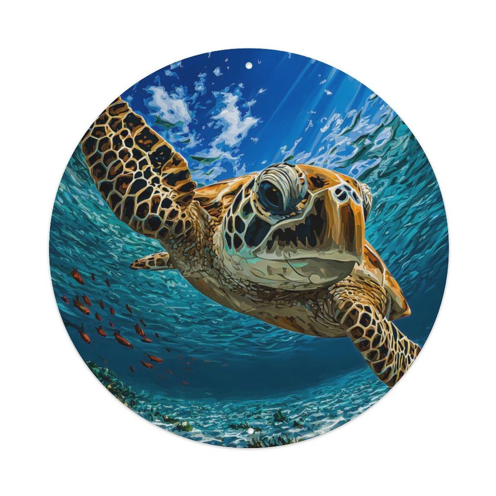 Animal Green Turtle Sunbeam Ocean Diving Coral Sea Vintage Metal Tin Sign Plaque Wall Decor for Cafe, Club Bar, Office, Garden Metal Poster 8x8Inch
