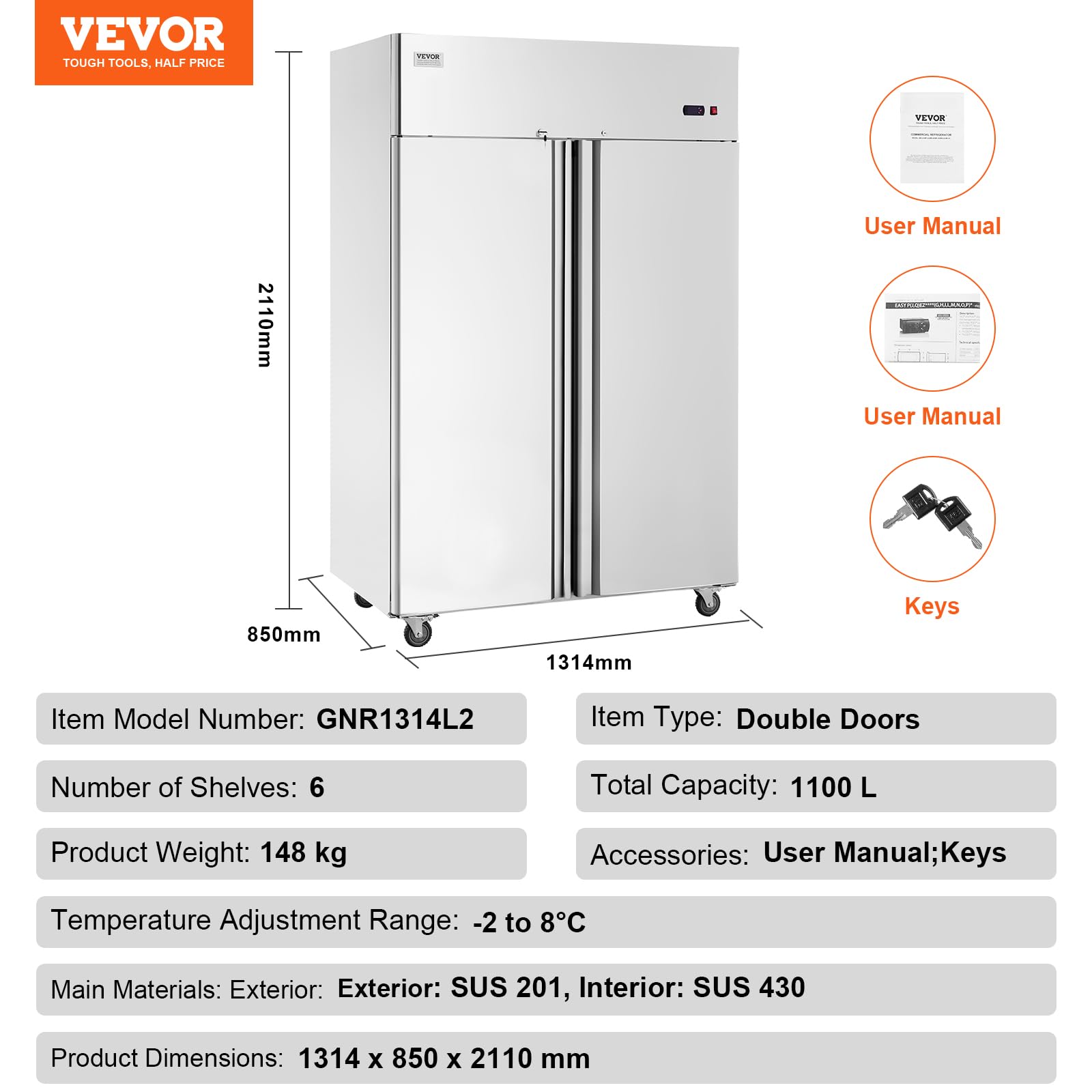 VEVOR Refrigerador Comercial de 1100 L, Vertical con 2 Puertas, Acero Inoxidable, Descongelación Automática, 6 Estantes, -2~+8°C, 1314 x 850 x 2110 mm