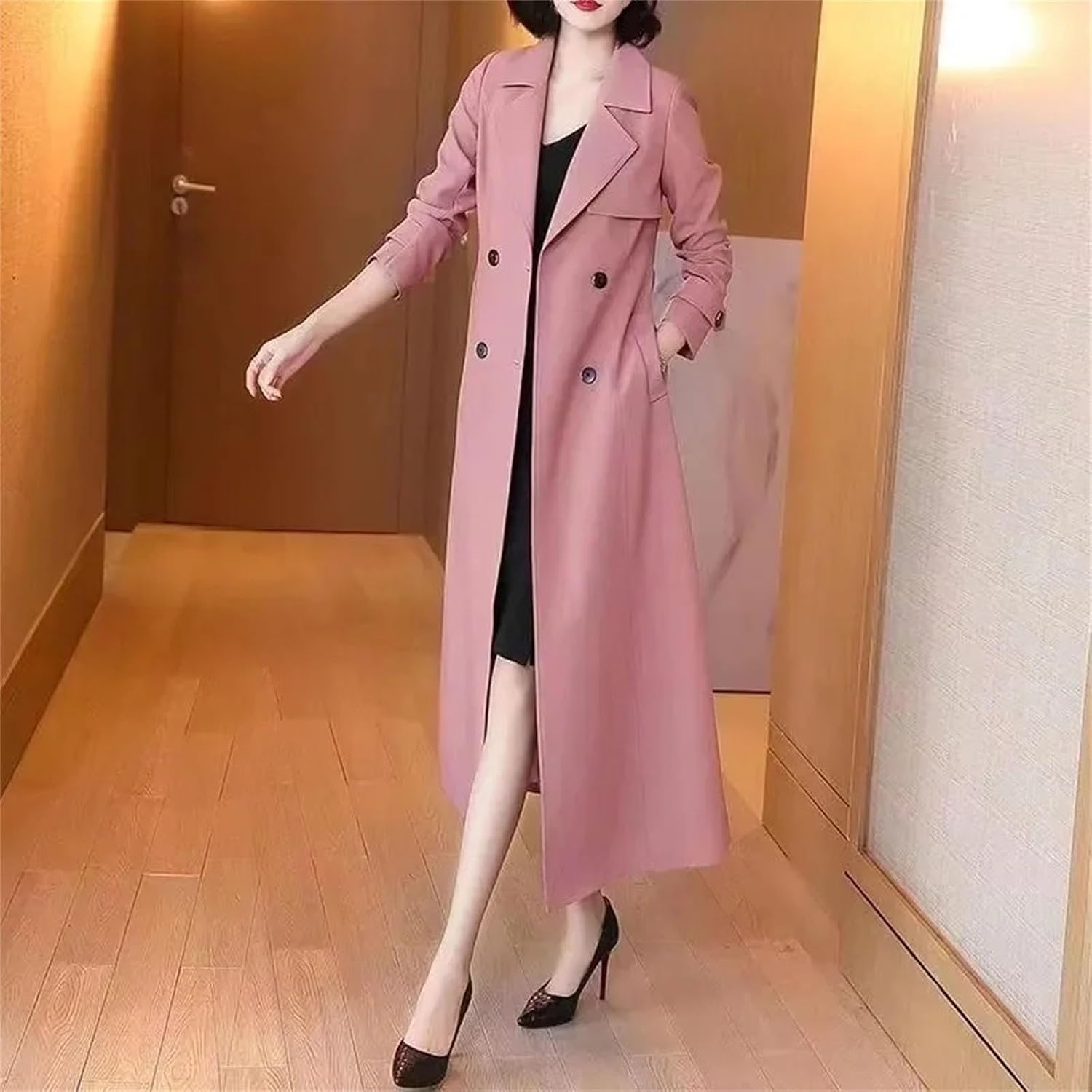 Women Trench Coat Midi Spring Chic Popular Below-the-Knee Vintage Long Coats and Jackets