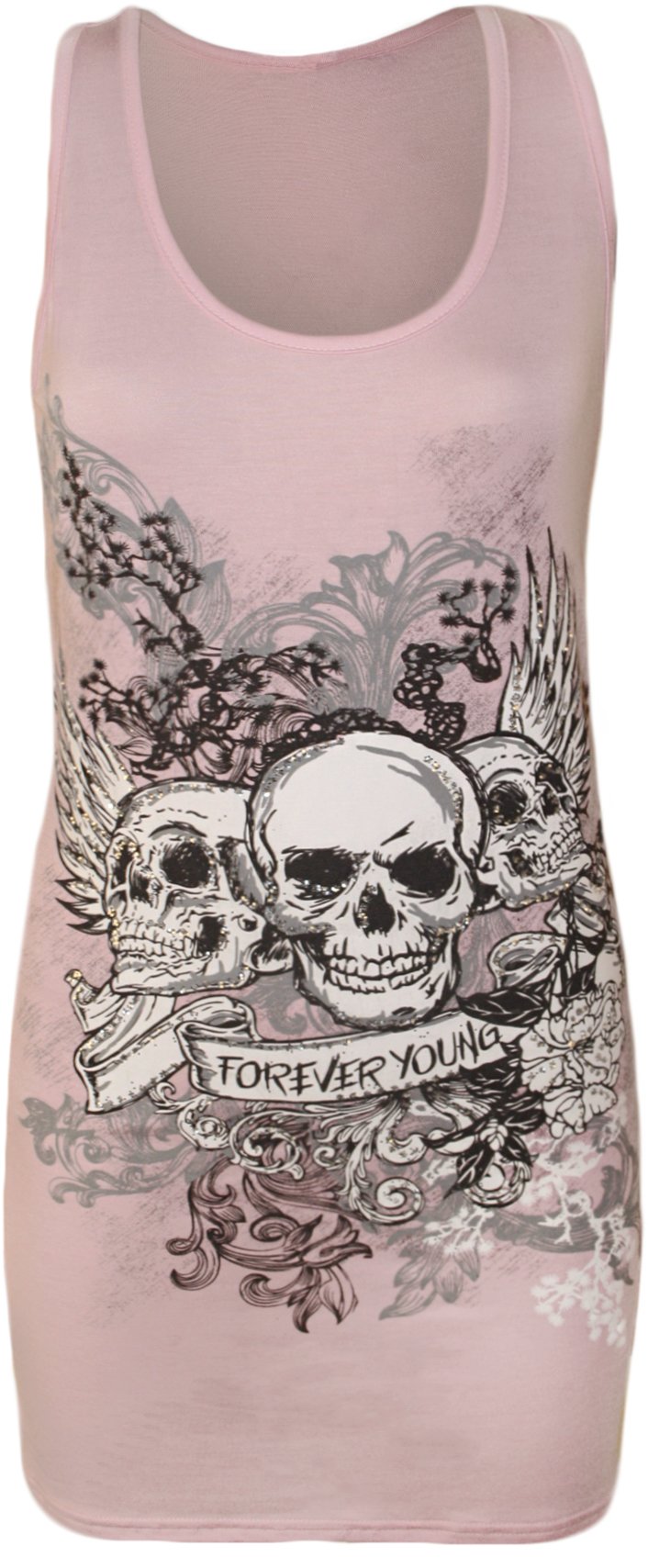 Wearall Women's Pink Skull Forever Young Print Racer Back Sleeveless Vest Top - 12-14
