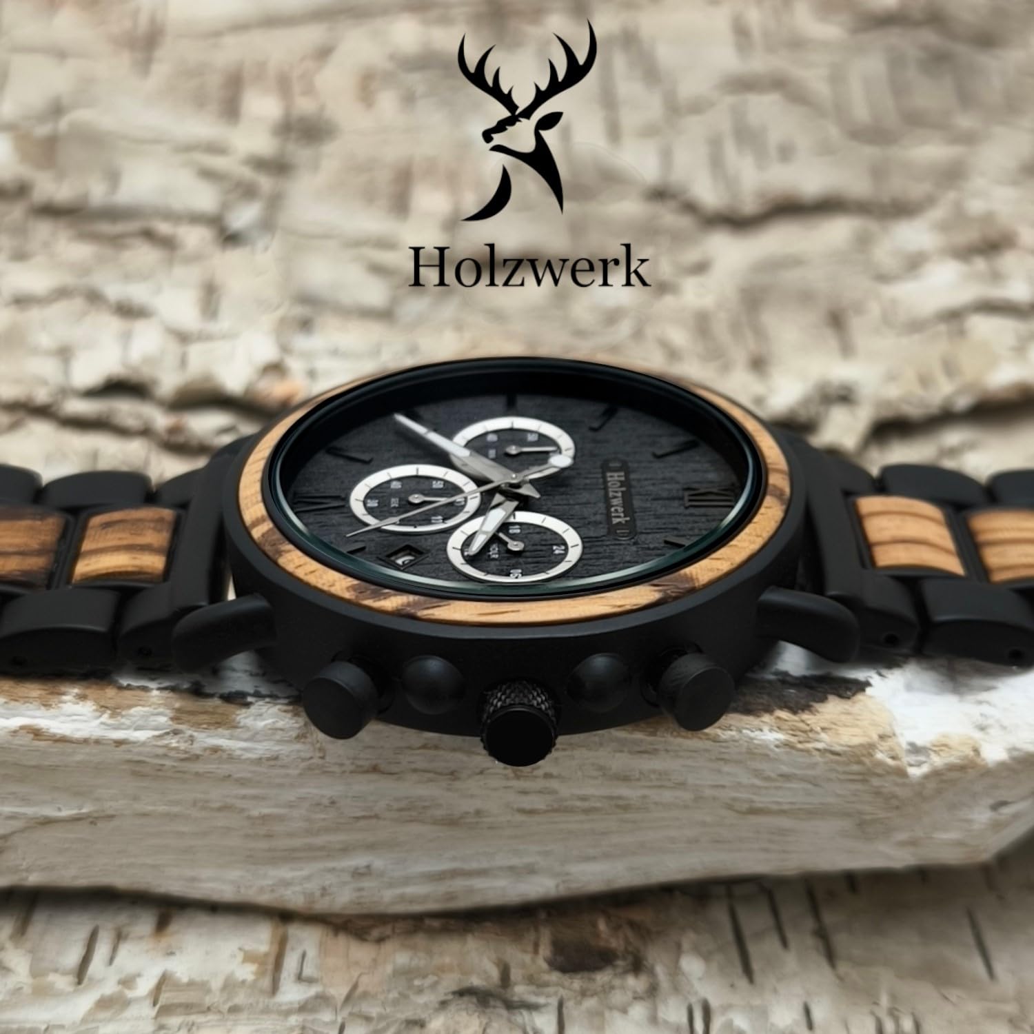 Holzwerk Germany Handgefertigte Designer Herren Uhr Öko Natur Holz Uhr Chronograph Armband Analog Holzuhr Quarz Braun Schwarz Grau Römische Ziffern Datum Holz