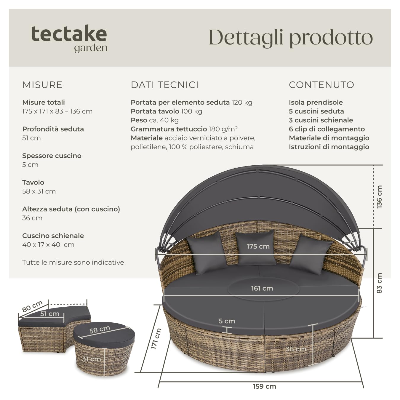 tectake® Isola Prendisole in Rattan, Isola Divano da Esterno con Tettuccio Parasole Pieghevole, Morbidi Cuscini, Componibile, Tavolino e Lettino, Resistente ai Raggi UV, per Giardino - Naturale