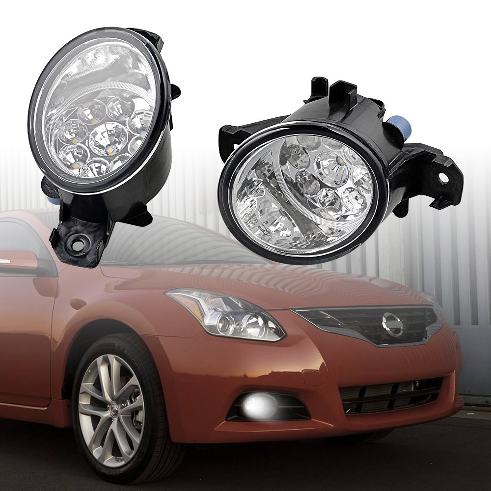 AMOPA 2PCS Real Glass Lens 9-LED Fog Lamp White Light Compatible with Nissan Rogue Altima Sentra Maxima Versa Pathfinder