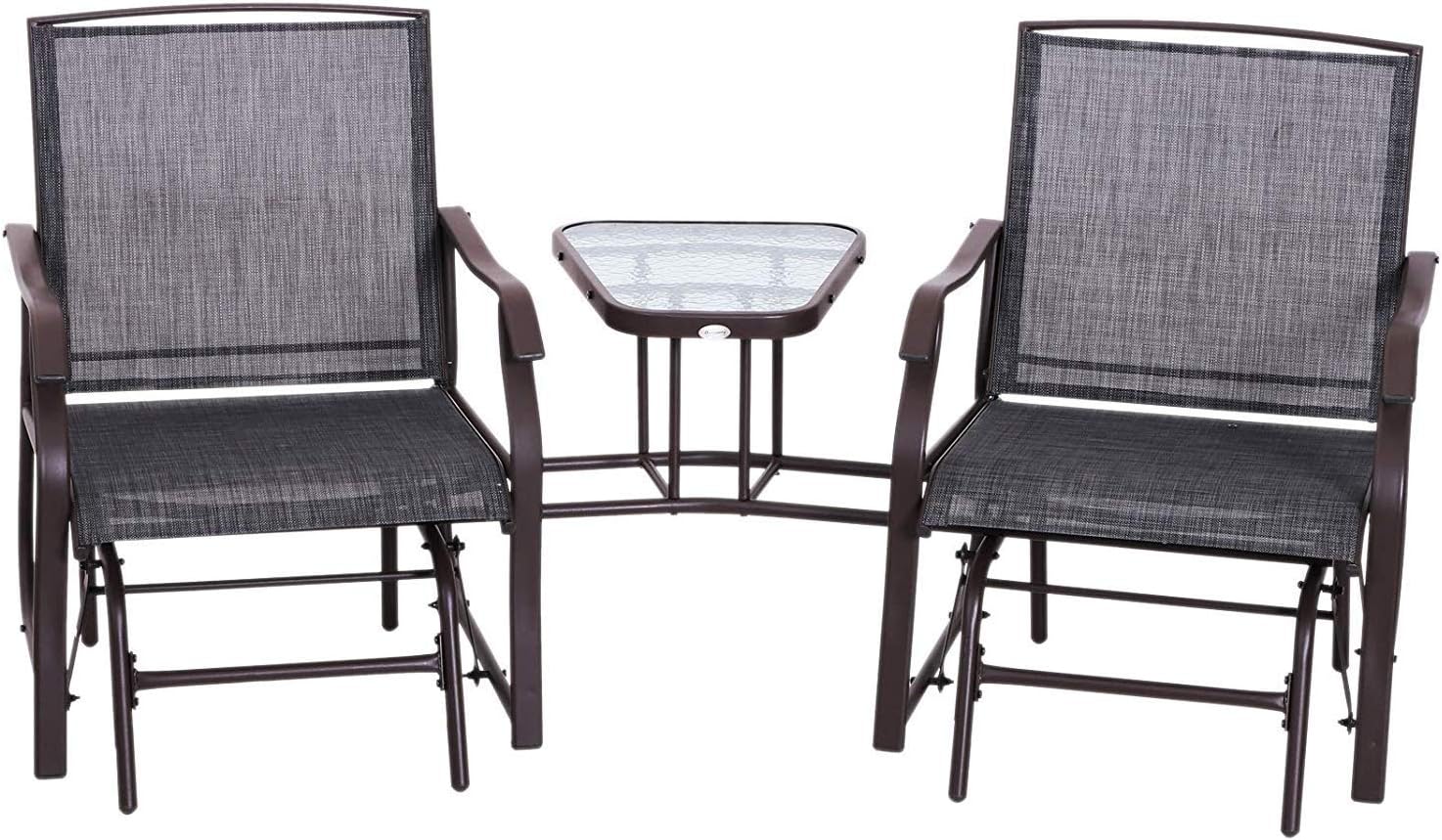 פראָנט view of the 3-piece glider set, showing the two chairs and the central table.