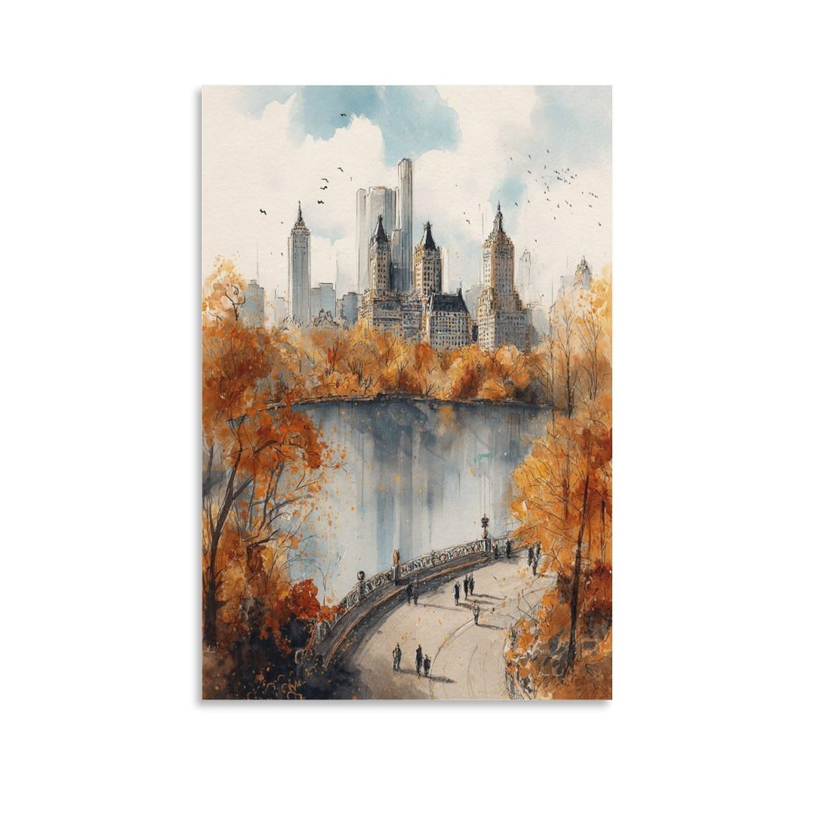 XWYMXZ Central Park Watercolor Painting Travel Poster 20x30inch(50x75cm) Vintage Watercolor Canvas Art