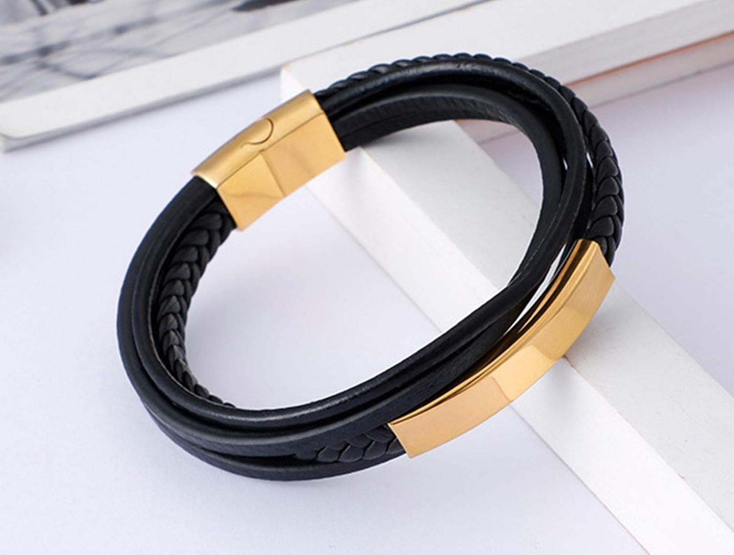 Daesar Mens Stainless Steel Bracelet Chain Weave Leather Gold/Silver/Black