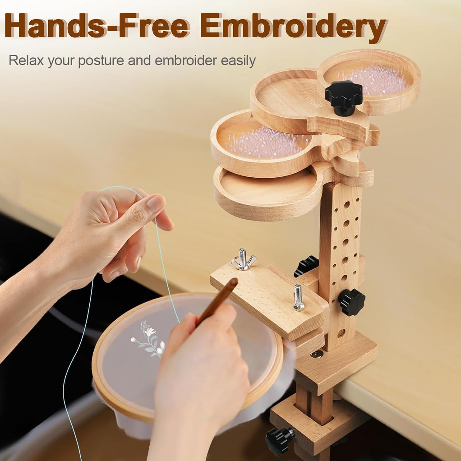 Solid Wood Embroidery Hoop Stand with 4 Storage Tray, Adjustable Embroidery Hoop Holder, Beech Wood Cross Stitch Stand, with 15cm Embroidery Frame, for DIY Craft & Needlework