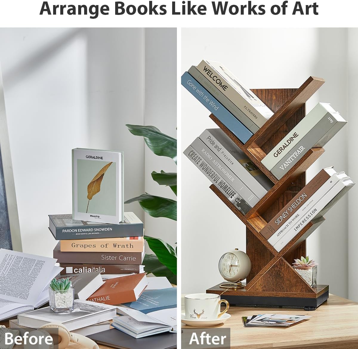 ruboka Tree Bookshelf,Retro Floor Standing Bookcase Display for CDs/Magazine/Books,Small Bookshelf for Bedroom,Living Room,Office,Balcony,Brown Storage Shelves (Brown, 5 Tier)