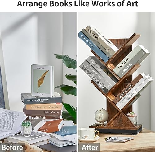 Miniatura 4 de ruboka Estantería de árbol de 5 estantes, estantería de pie de 5 niveles para CD/revistas/libros, organizador de libros pequeños para dormitorio,