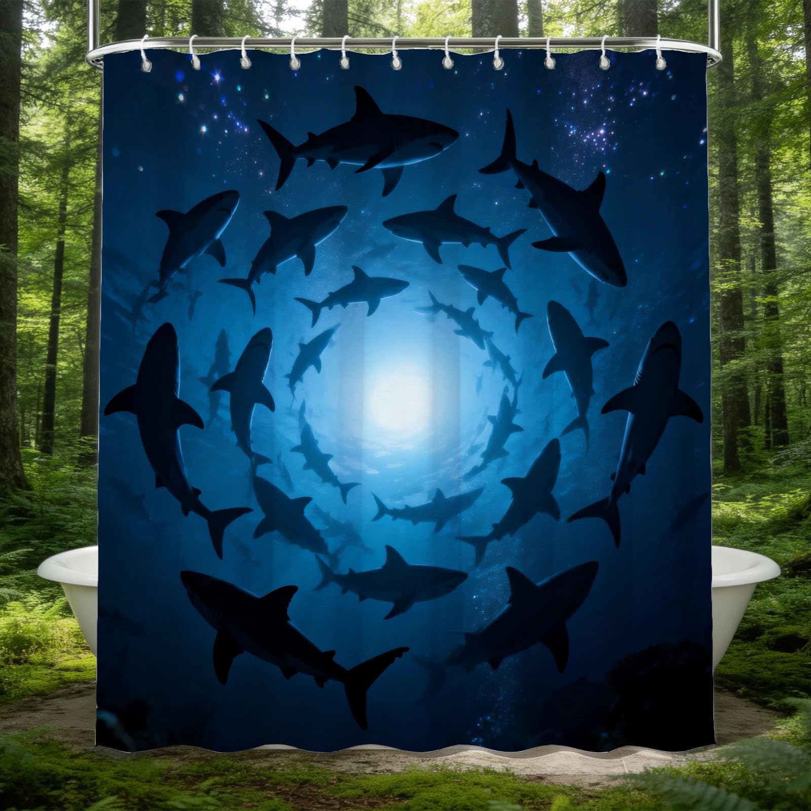 Rideau de douche anti moisissure 3D requin avec anneaux de fixation inclus