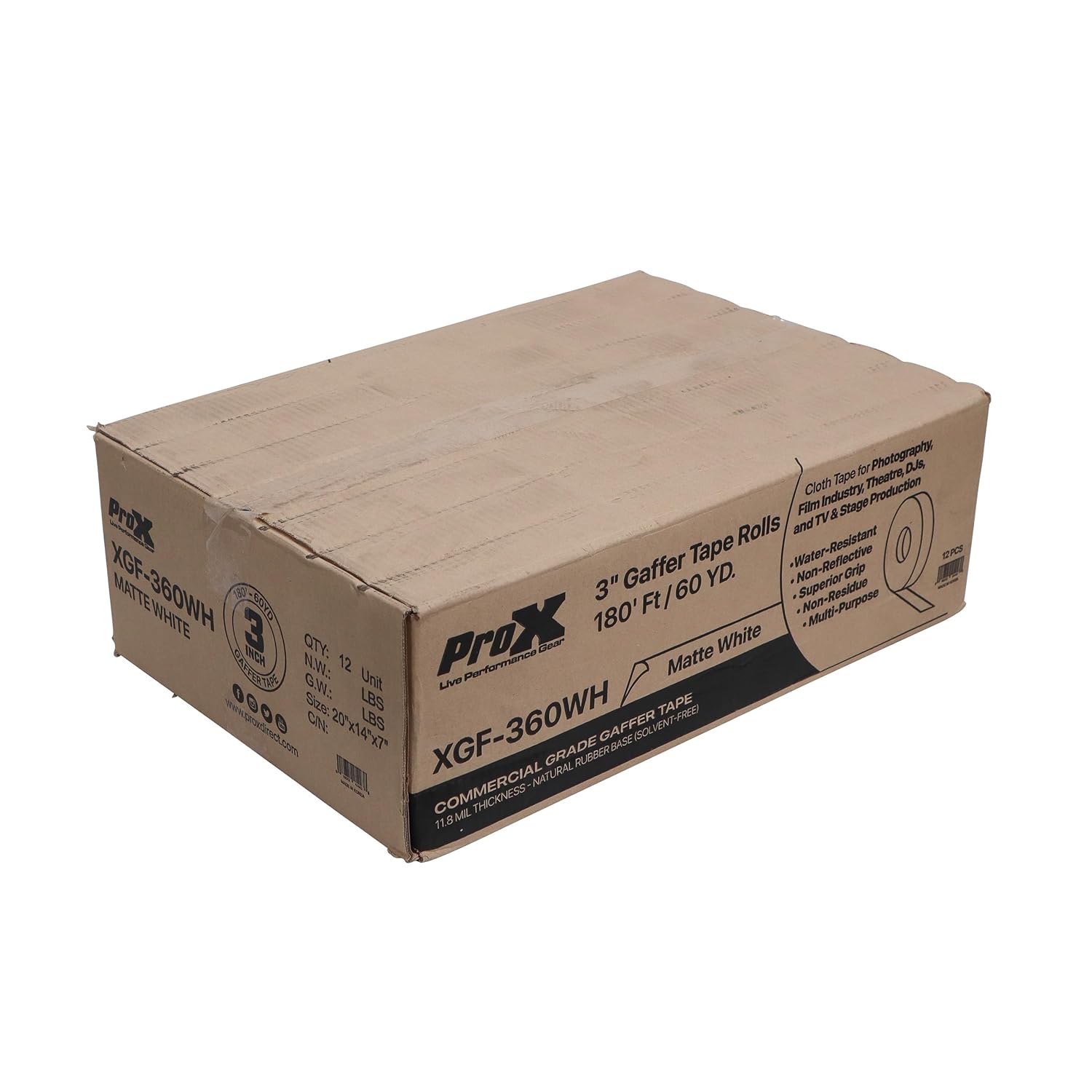 Prox XGF-360WH 3 Inch 180FT 60YD Matte White Commercial Grade Gaffer Tape Pros Choice Non-Residue