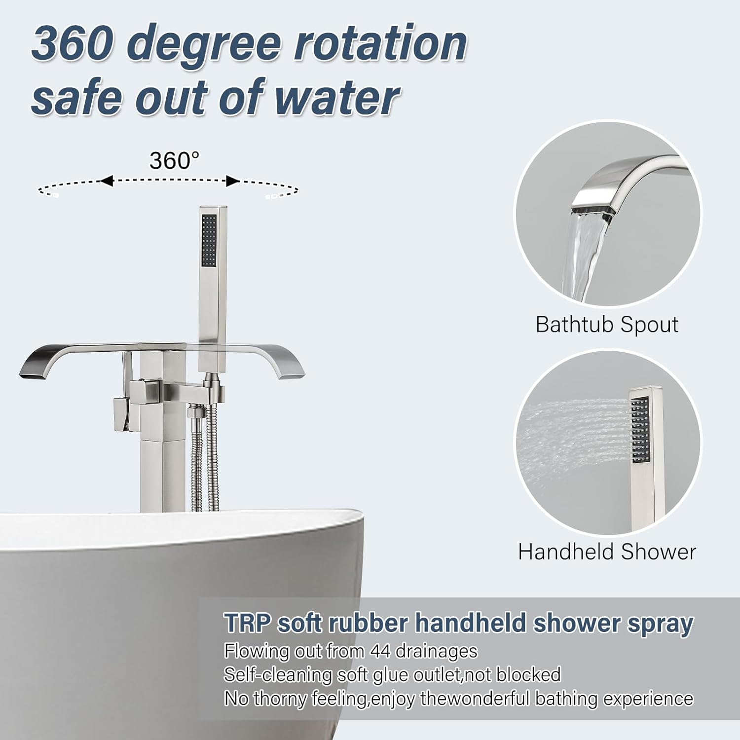 Freestanding Bathtub Faucet Brushed Nickel Tub Filler Floor Mount Single Handle Brass Tap with Handheld Shower and Swivel Mixer Spout - Image 6