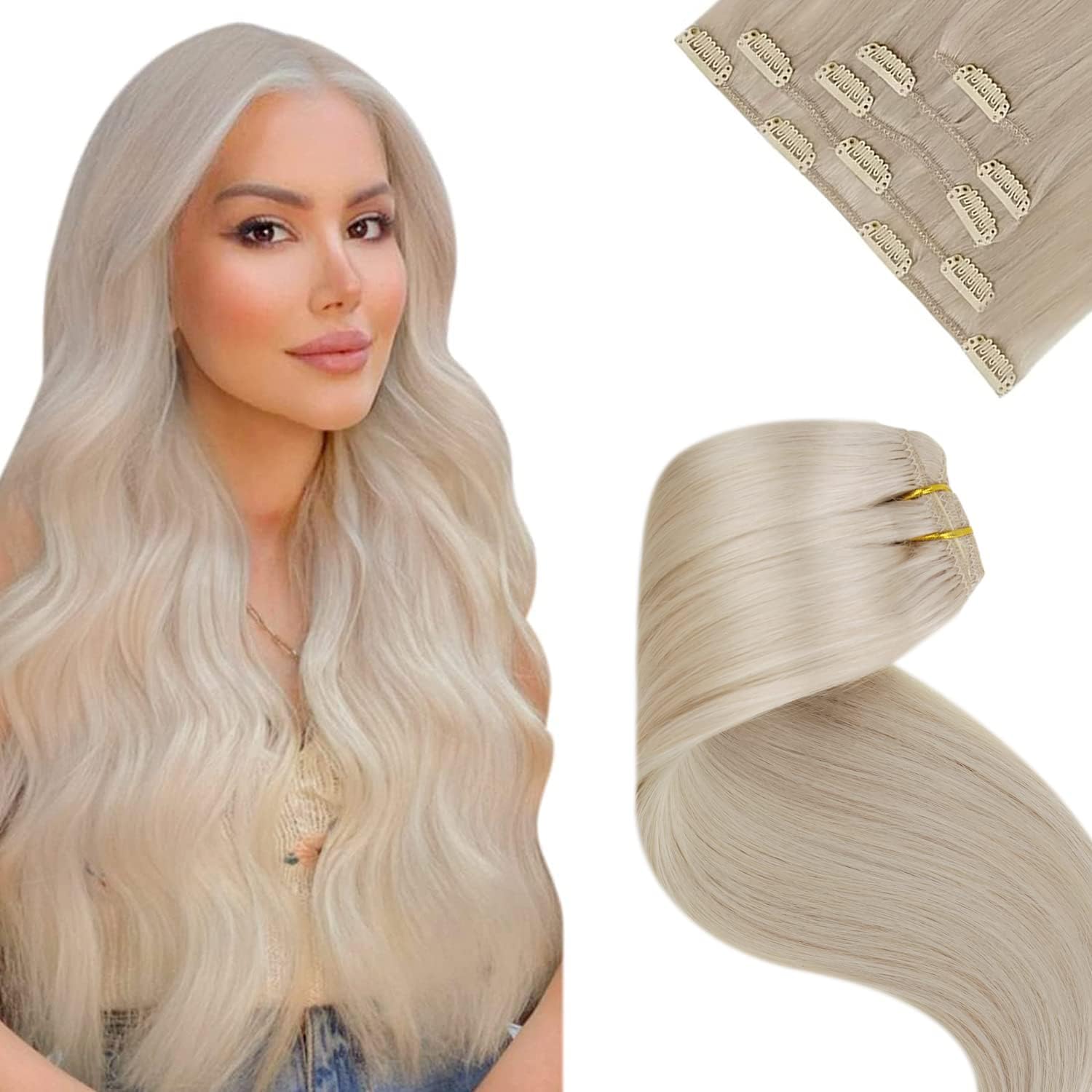 LaaVoo Clip in Hair Extensions Real Human Hair Blonde Hair Extensions Clip in Real Hair Platinum