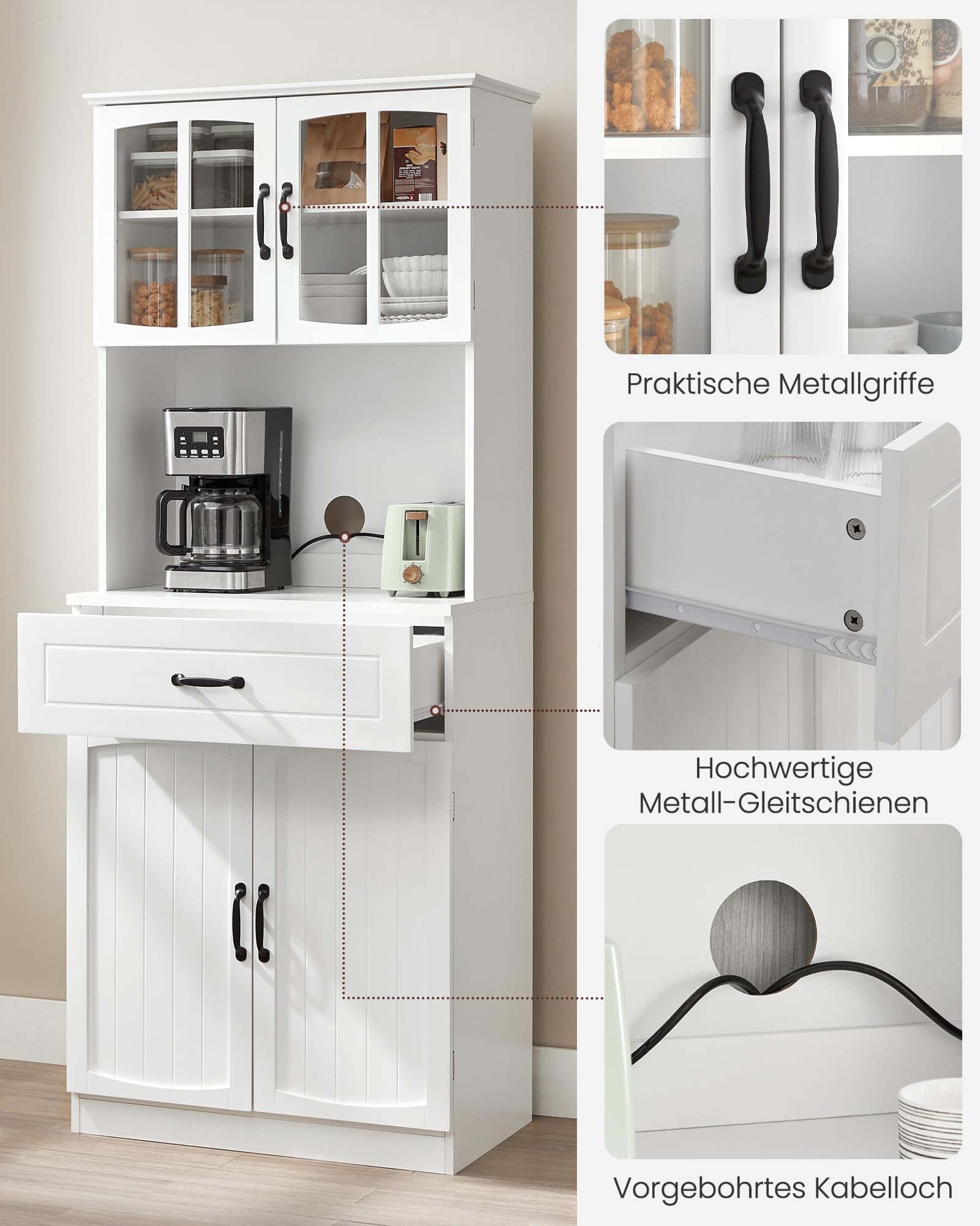 VASAGLE Küchenschrank, Mehrzweckschrank, Vorratsschrank, mit verstellbaren Einlegeböden, für Mikrowellen geeignet, Schublade, Glastüren, Kabelloch, moderner Stil, weiß LSC361W21