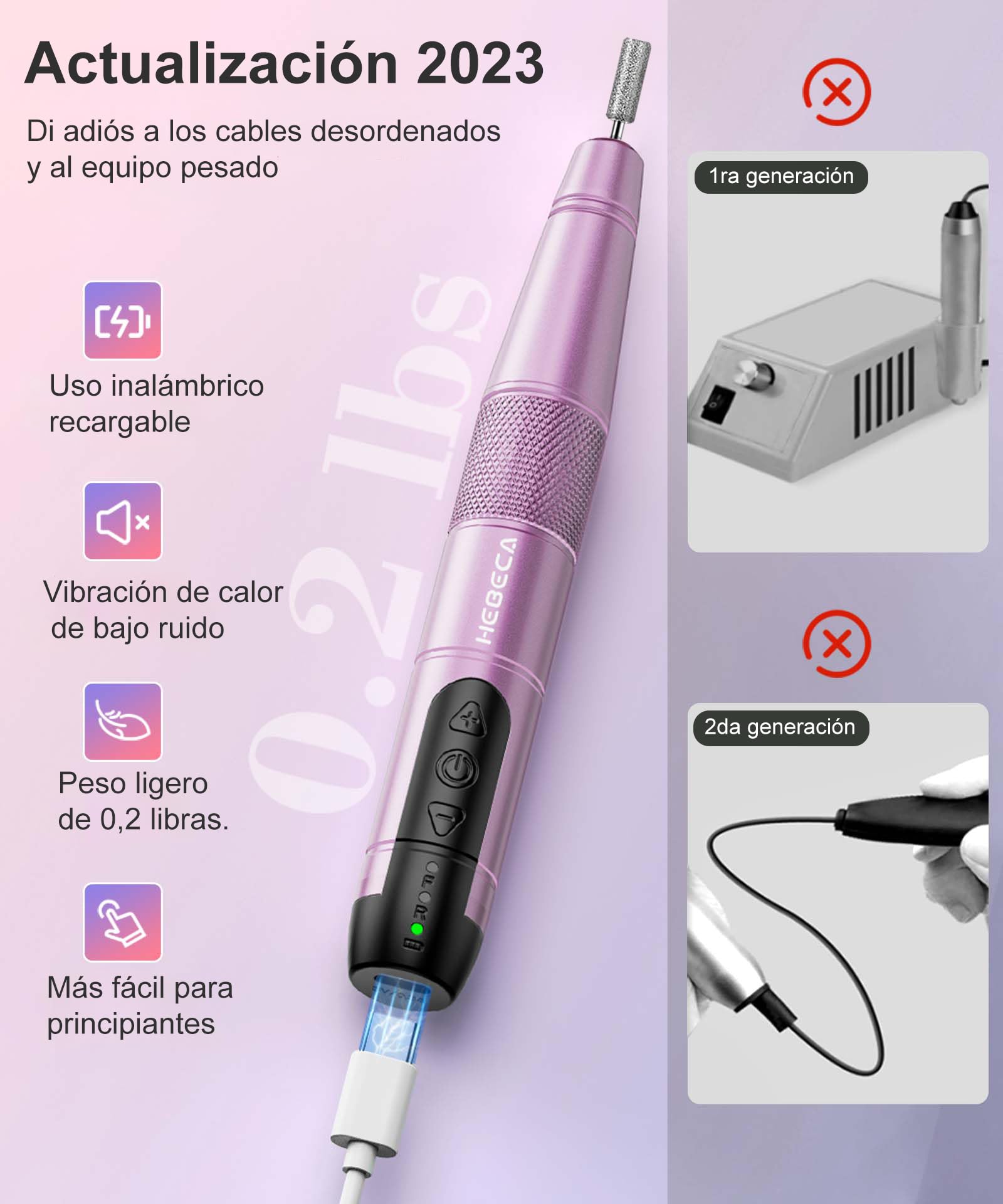 HEBECA Torno para Uñas Profesional - Lima Electrica Uñas 20000RPM - Nail Drill Machine para Uñas de Gel Acrílico Natural Recargable