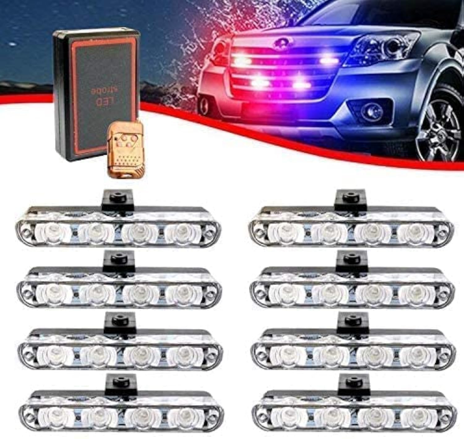 Automaze Car Police Light 8 X 4 LED With Wireless Remote, Red & Blue Police Strobe Flasher Light Dash Emergency Warning Lamp 12V