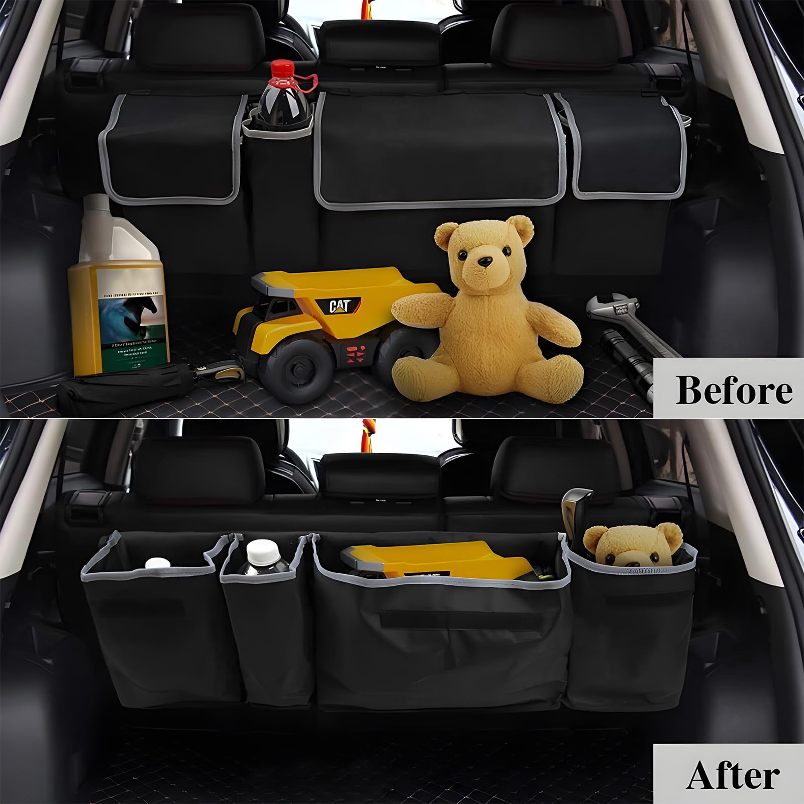 FAELNK Kofferraum-Organizer 90x25 Cm – Oxford-Stoff, 3 Taschen + Flaschenhalter, Verstellbare Gurte, Für SUV, MPV & Hatchback