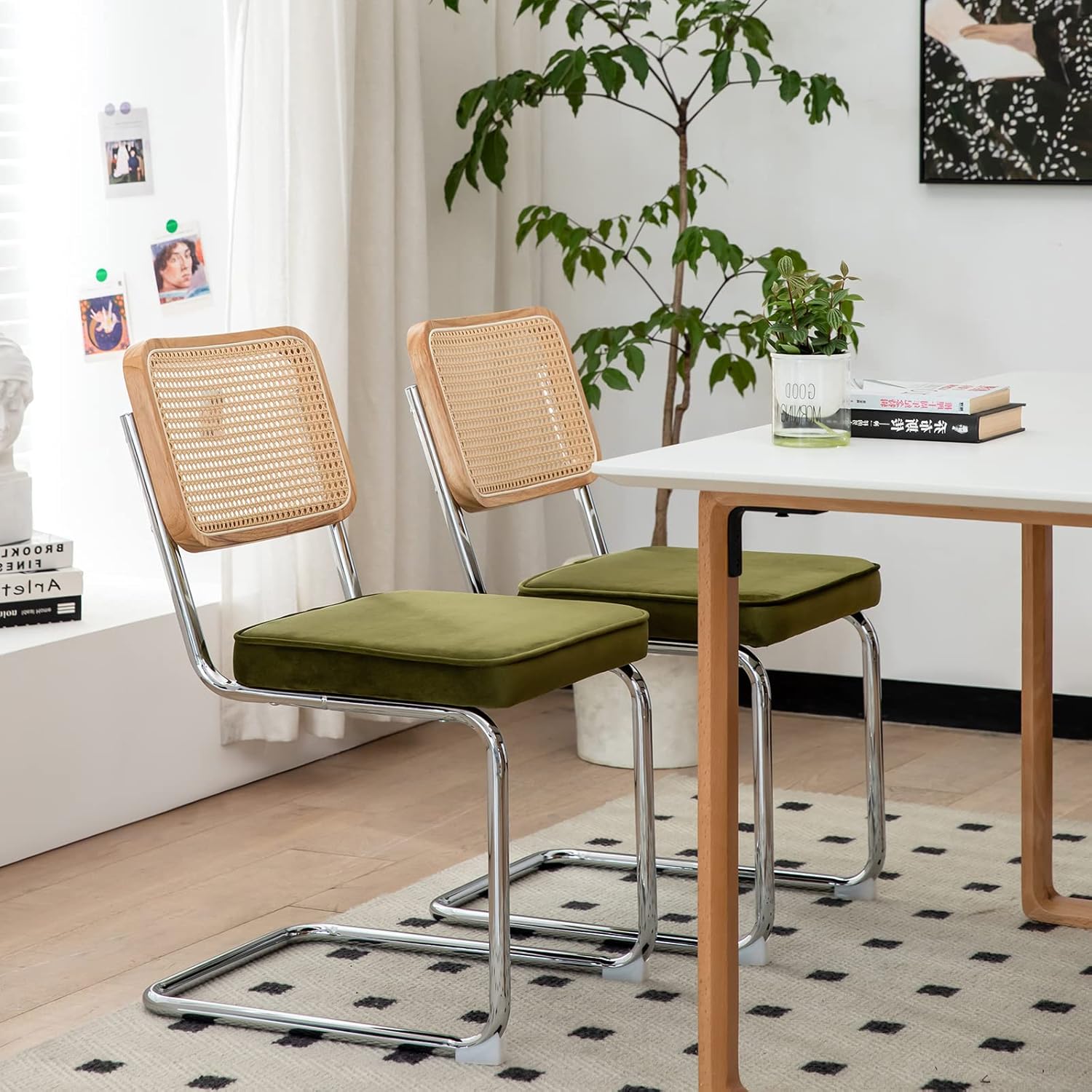 Set of 4 Retro Rattan & Velvet Dining Chairs, Mid Century Modern Cantilever Side Chairs with Chrome Frame, Soft Upholstered Accent Seats for Kitchen & Lounge(Olive Green+4 Set)
