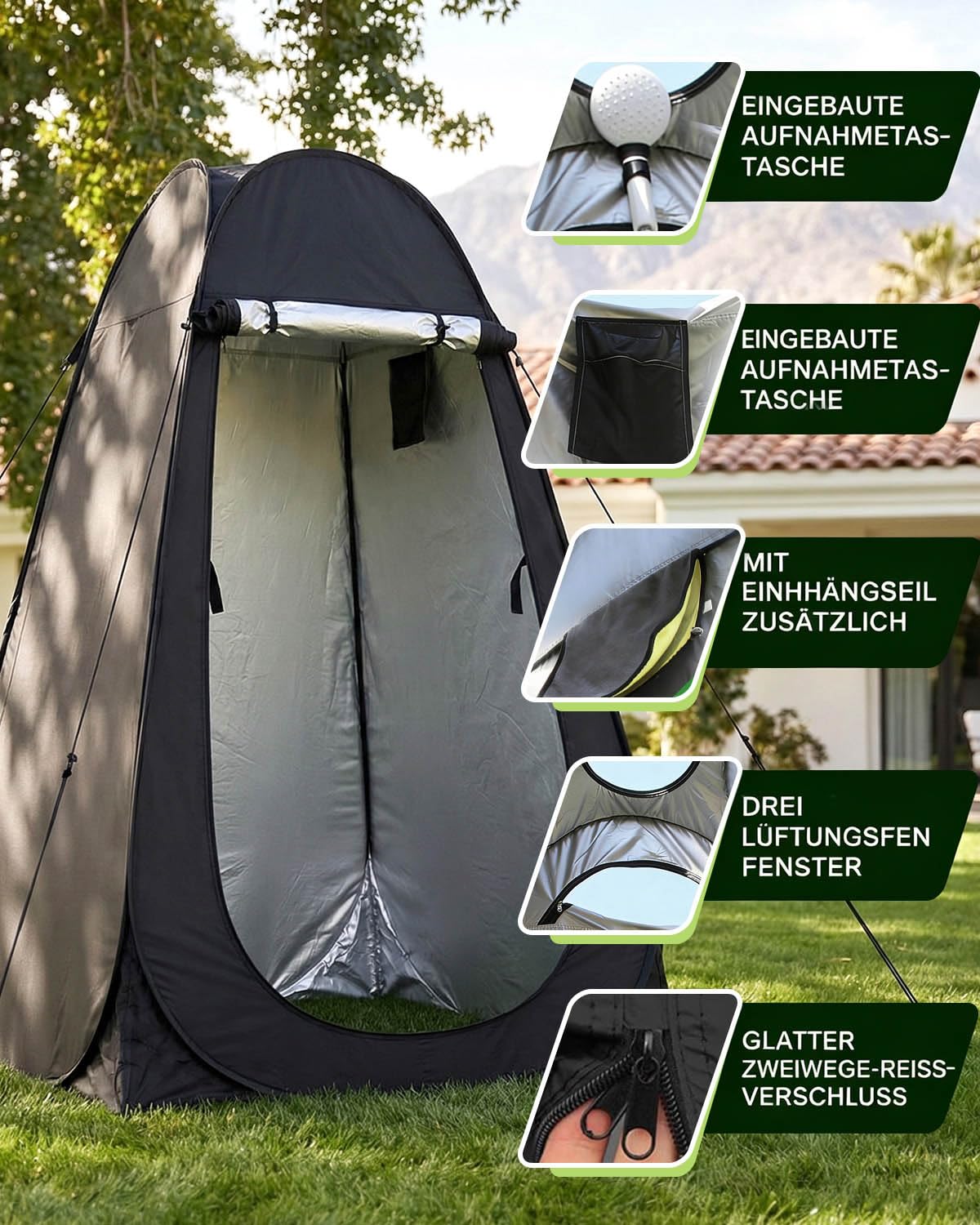 Duschzelt Camping Toilettenzelt, Pop Up Umkleidezelt mit Tasche & Zubehör, Wasserfest UV-Schutz Umkleidekabine WC Zelt, Strandumkleidezelt für Outdoor, Strand, Wandern, 120 x 120 x 190 cm Schwarz