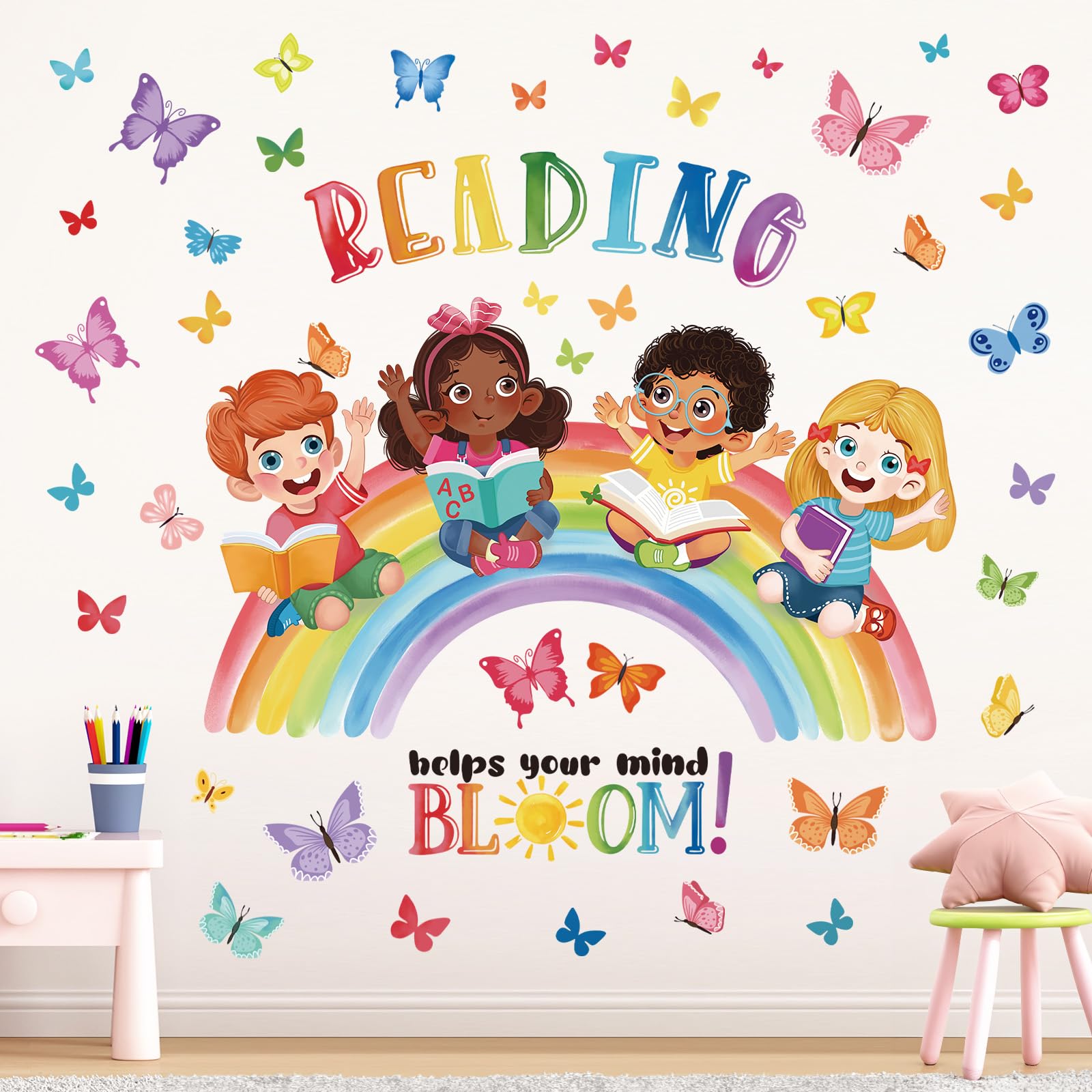 Adesivi Murali Arcobaleno Motivazionali Per Bambini – Frasi Ispiratrici 'You Are Unique' Con Stelle, Libri E Razzi – Decorazione Aula O Cameretta