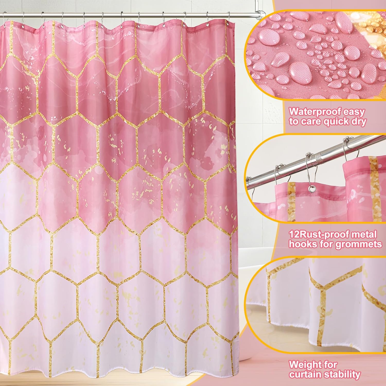 25 Pieces Bathroom Set Pink and Gold Bathroom Accessories Set, Shower Curtain and Rugs, Trash Can, Toilet Brush, Soap Dispenser, Soap Dish, Toothbrush Holder, Tumbler, Tray, Qtip Holder for Home Decor