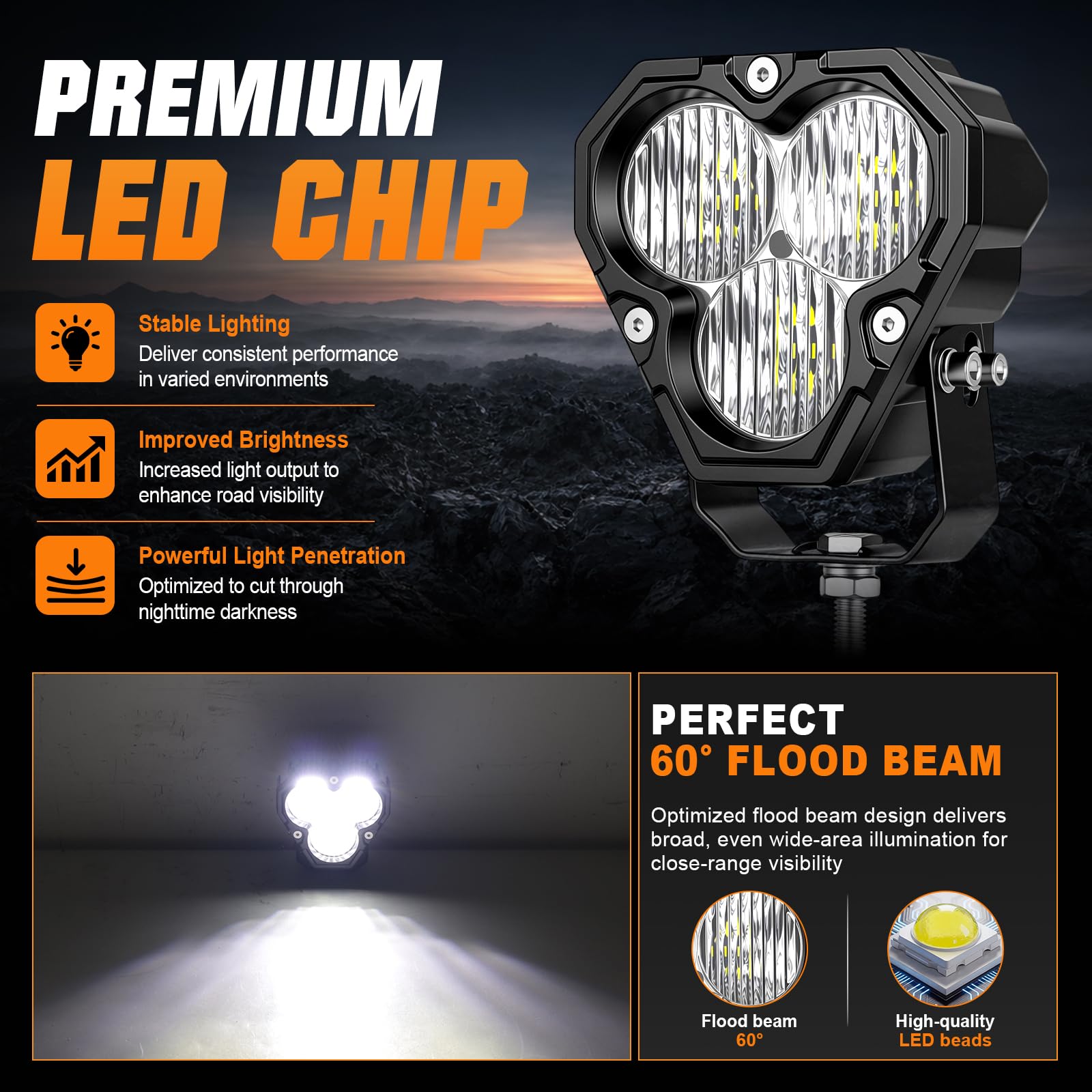 PICAA Reflektor roboczy Led, 2X 4 cale 2500 LM światła robocze, biały 5500K