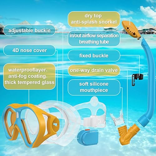 Miniatura 5 de Gintenco Equipo de esnórquel para niños, juego de esnórquel para niños de 6 a 14 años, gafas de natación de vidrio templado antivaho antifugas,