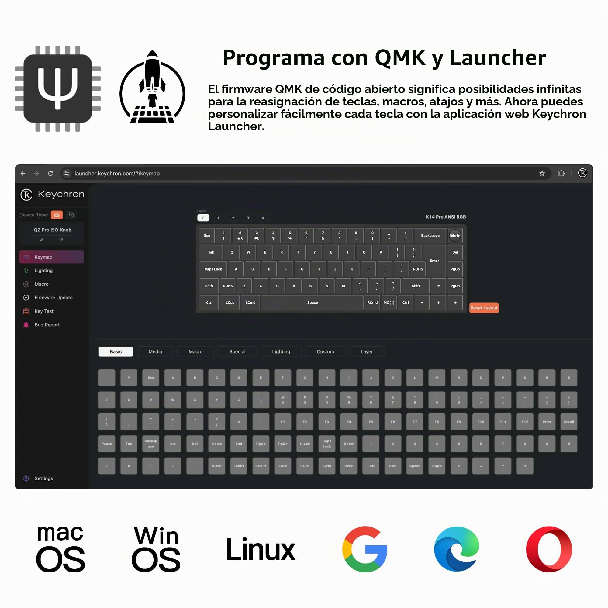 Keychron Q2 Pro Kit de Teclado Mecánico 65% Diseño ISO, Bluetooth 5.1, RGB, Programable con QMK/Via, Cuerpo de Aluminio CNC, para Interruptores de 3/5 Pines, Compatible con Windows/Mac - Negro