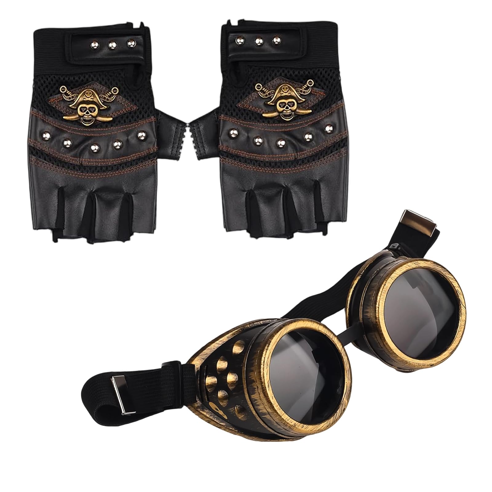 ZPLASK 2 Pieces Steampunk Goggles and Fingerless Gloves, Steampunk, Steampunk Accessories for Men Women, Steam Punk Men Gothic Gloves Halloween Cosplay Costume Gloves(Black, Bronze)