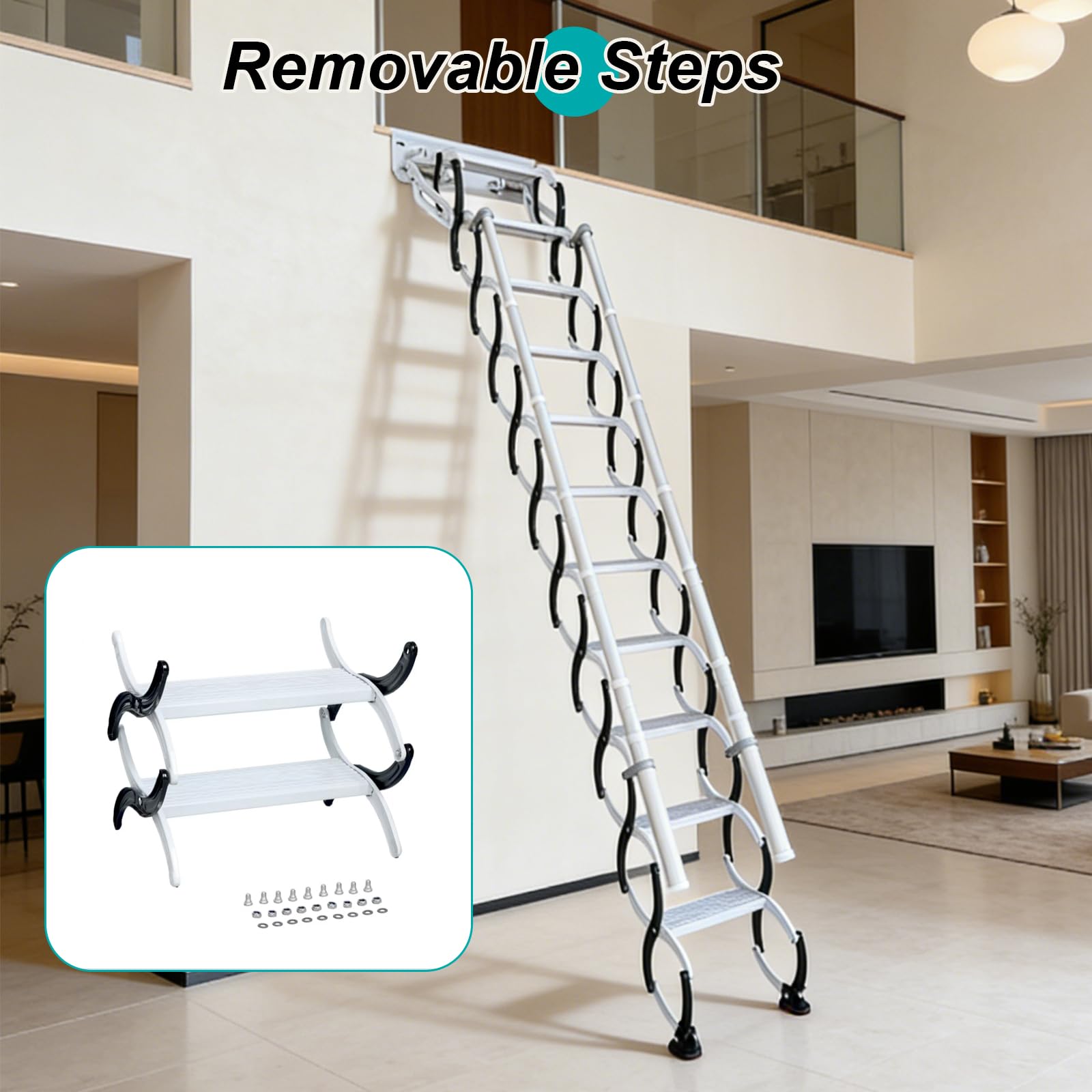 Escalera Plegable de Pared con 2 pasamanos, Escalera Telescópica para Ático Plegable, Capacidad 300 kg, Altura aplicable de 2.69 a 2.79 m (11 escalones)