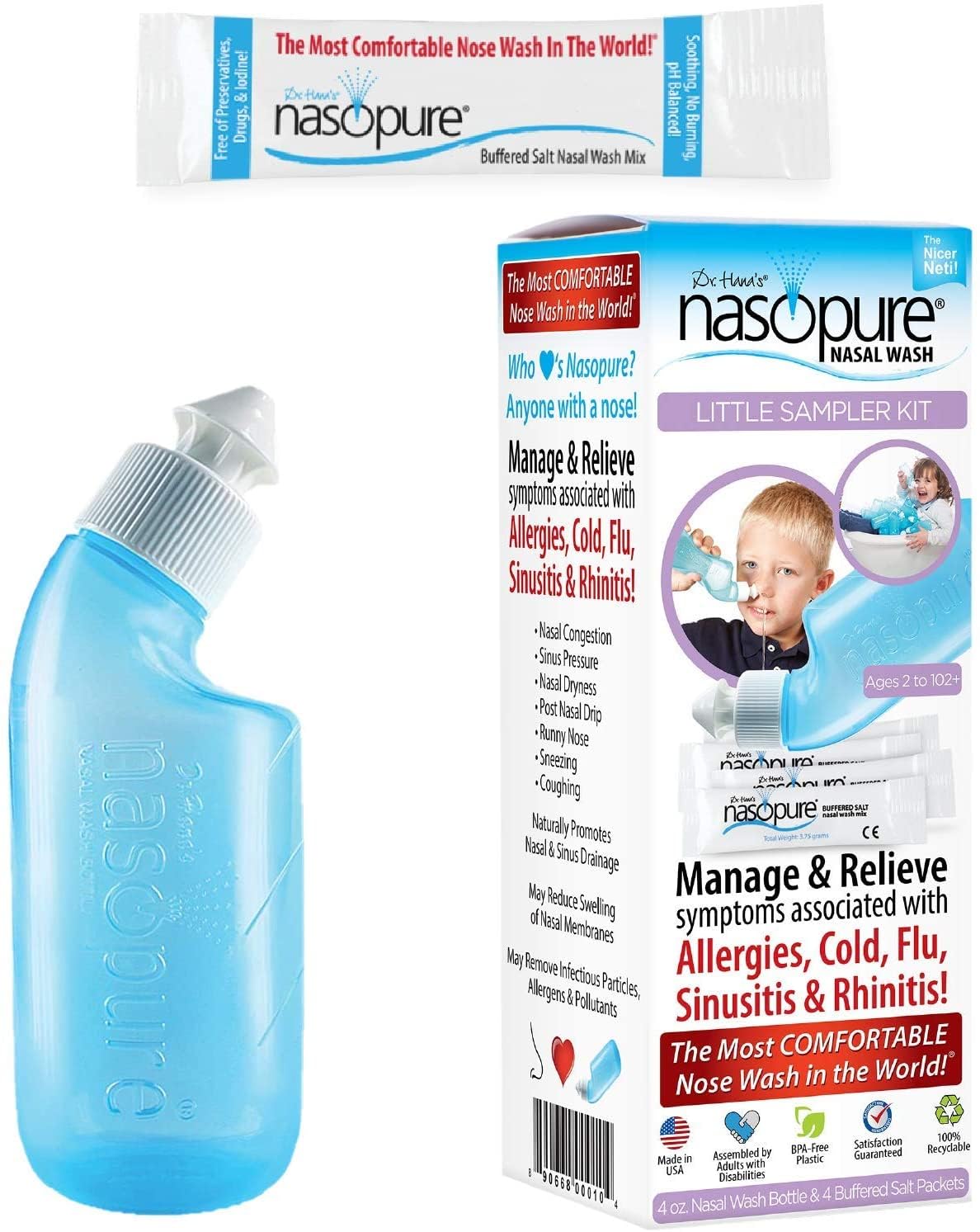 DR HANA'S NASOPURE le Nicer Pot Neti » For Kids | Petit Sampler | 4 Bouteille avec 4 onces Buffered sel Packets | irrigation nasale pour naturel Soulagement des allergies