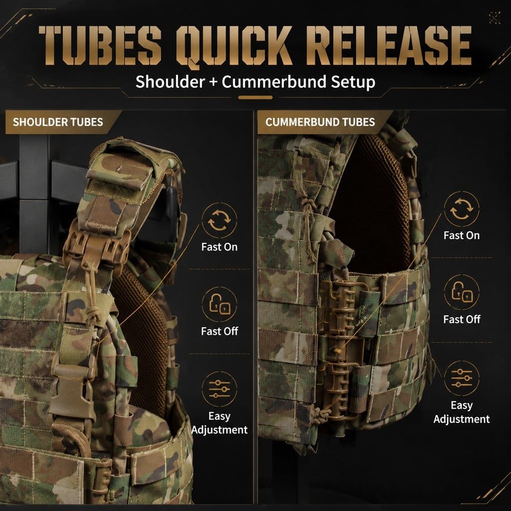 Chaleco Táctico ARC, Tubos Dobles, Liberación Rápida, MOLLE, Panel Triple Mag, Bolsa Desmontable, Cintura Ajustable