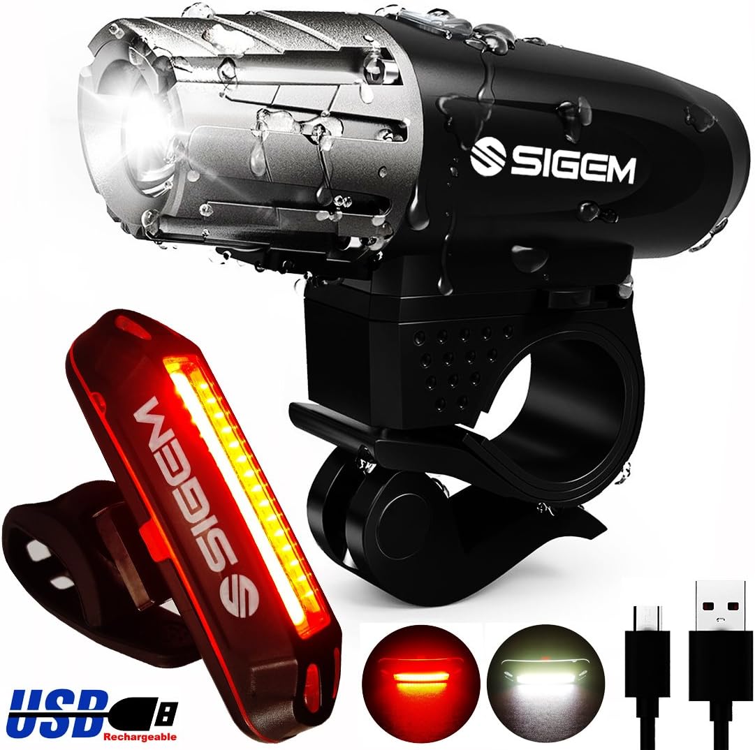 SIGEM Bike Light Set, Ultra Bright, USB Rechargeable, Premium LED Front Headlight and Rear Taillight. Both Bicycle Head & Tail Lights are Waterproof, Easy to Install.