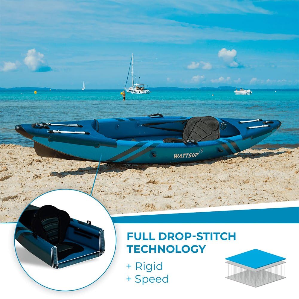 Wattsup - Kayak Gonflable Torpedo 1 Place - 365 x 72 cm (12'x28) - Dropstitch - Max 180kg - Pack Complet - Tous Niveaux